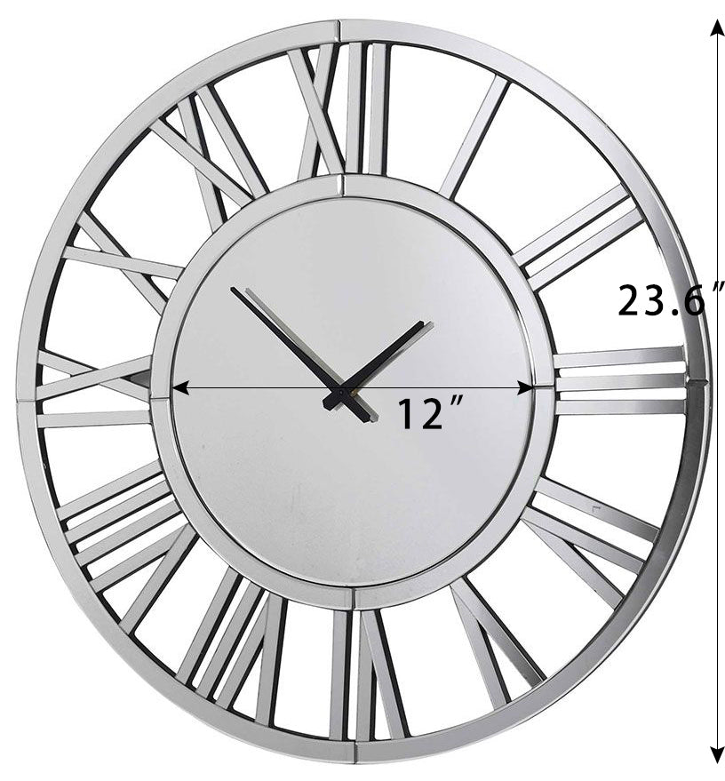 24" Large Mirrored Wall Clock – Silver Decorative Wall Clock for Living Room, Modern Battery-Operated Wall Clock with Hour & Minute Hands