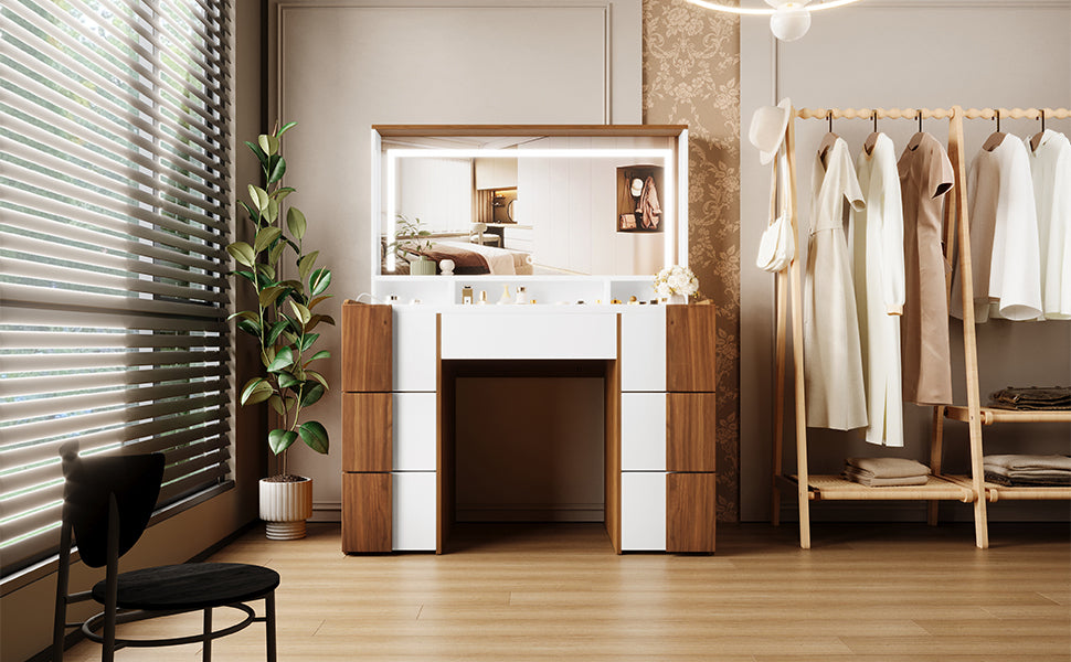 4.4" Elegant Vanity Table with Lighted Mirror & Power Outlet – Makeup Dressing Table with 7 Drawers, Storage Shelves, and Brown Solid Wood-Style Finish