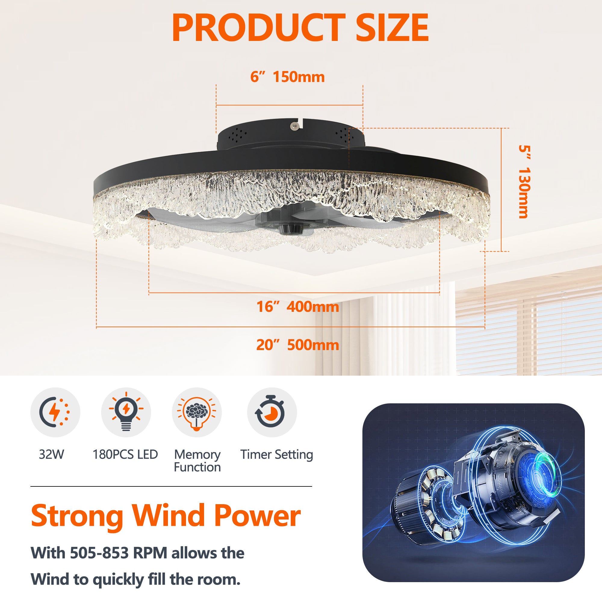 20" Modern Black Ceiling Fan with Light | Decorative Flush Mount Fan with Hidden Blades & Remote