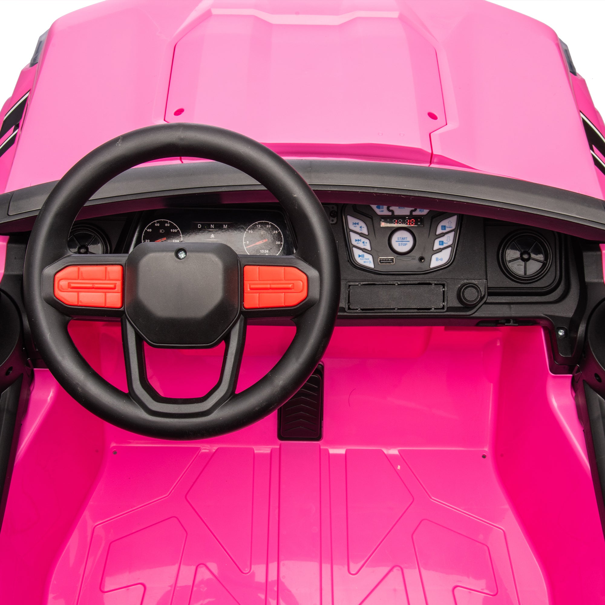 24V10A Two-seater Kids Ride On Electric Pickup, kids ride on toy W/parents remote control,4WD 800W motors,Two Safety belts,High Gate Safety Design,USB,Bluetooth, Speed 2.49-3.73MPH for kids aged 3+.