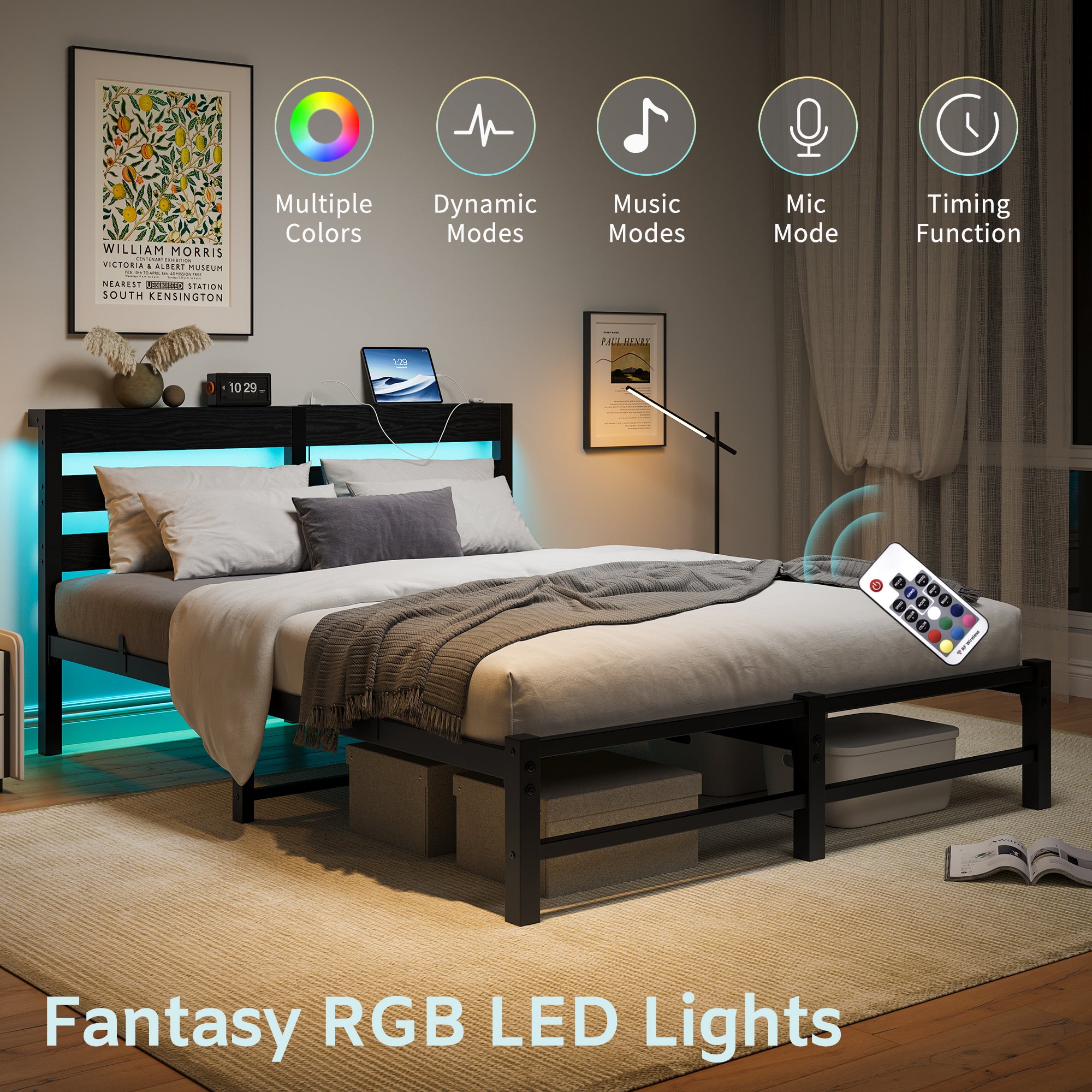 Black Queen Bed Frame with RGB Headboard Lights, USB Charger & Storage Shelf