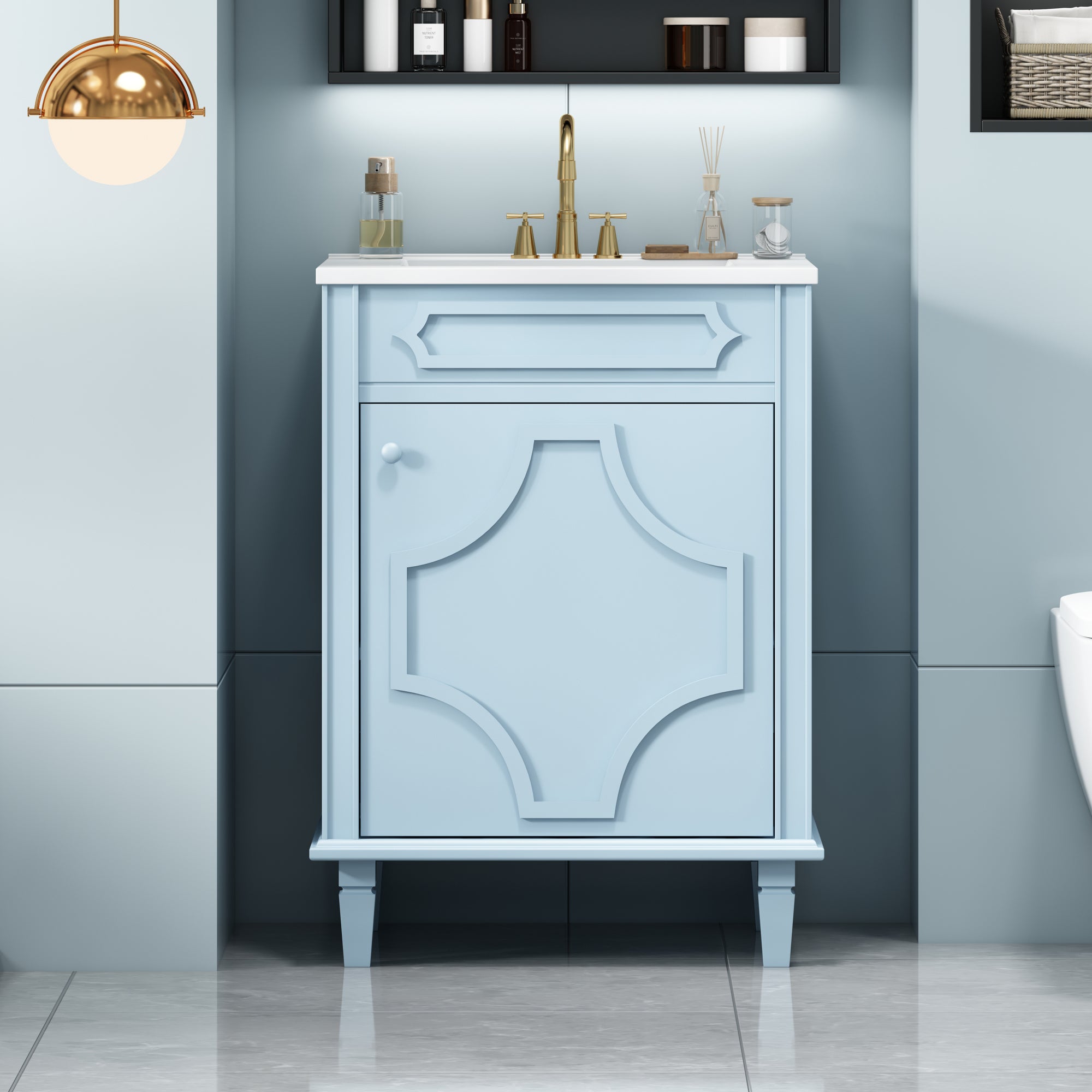 24'' Bathroom Vanity with Ceramic Sink Combo, Modern Freestanding Storage Cabinet with Height Adjustable Shelf & Soft Closing Doors