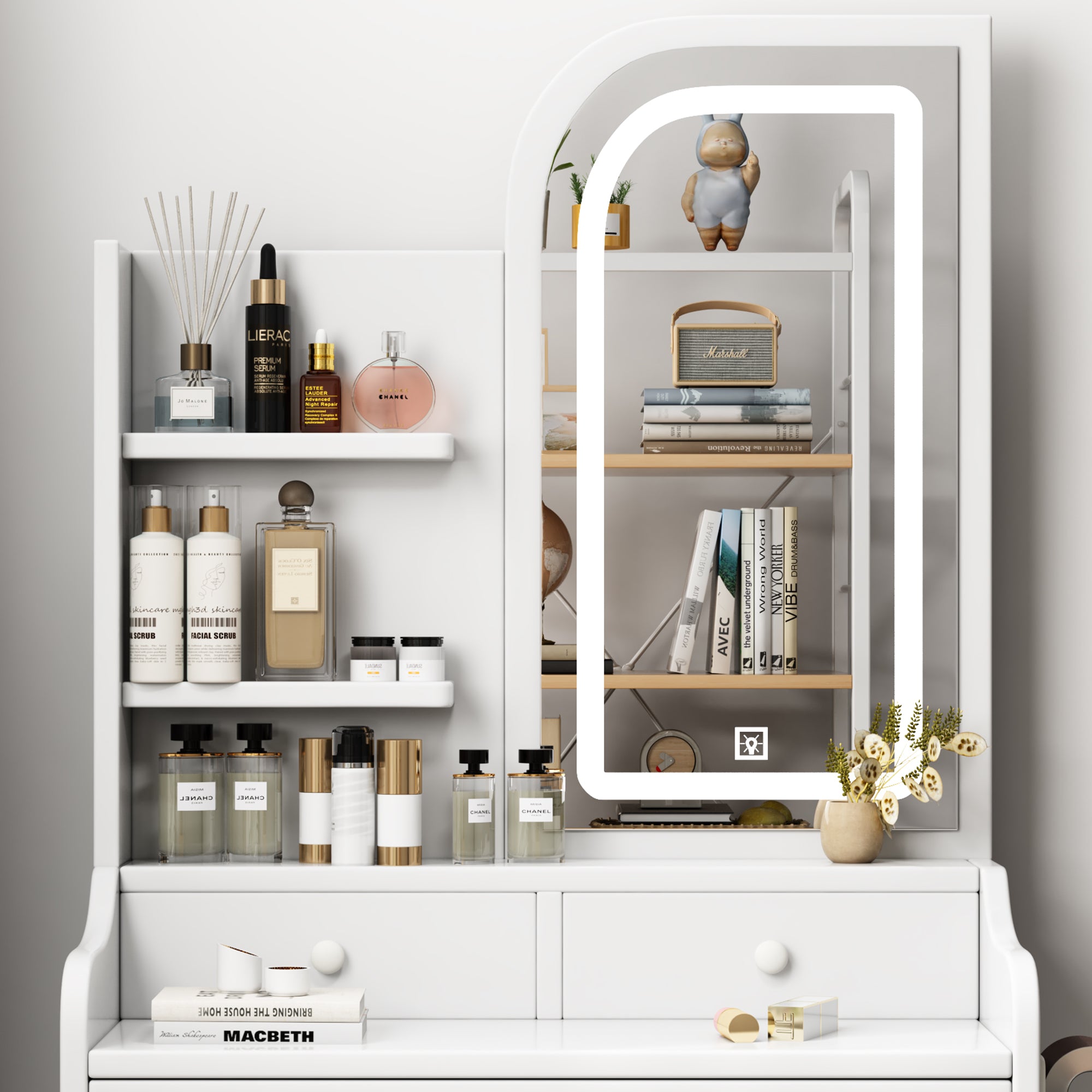 Fashion Vanity Desk with Mirror and Lights for Makeup, Hair Dryer Holder and Chair, Adjustable Lighting, White MDF