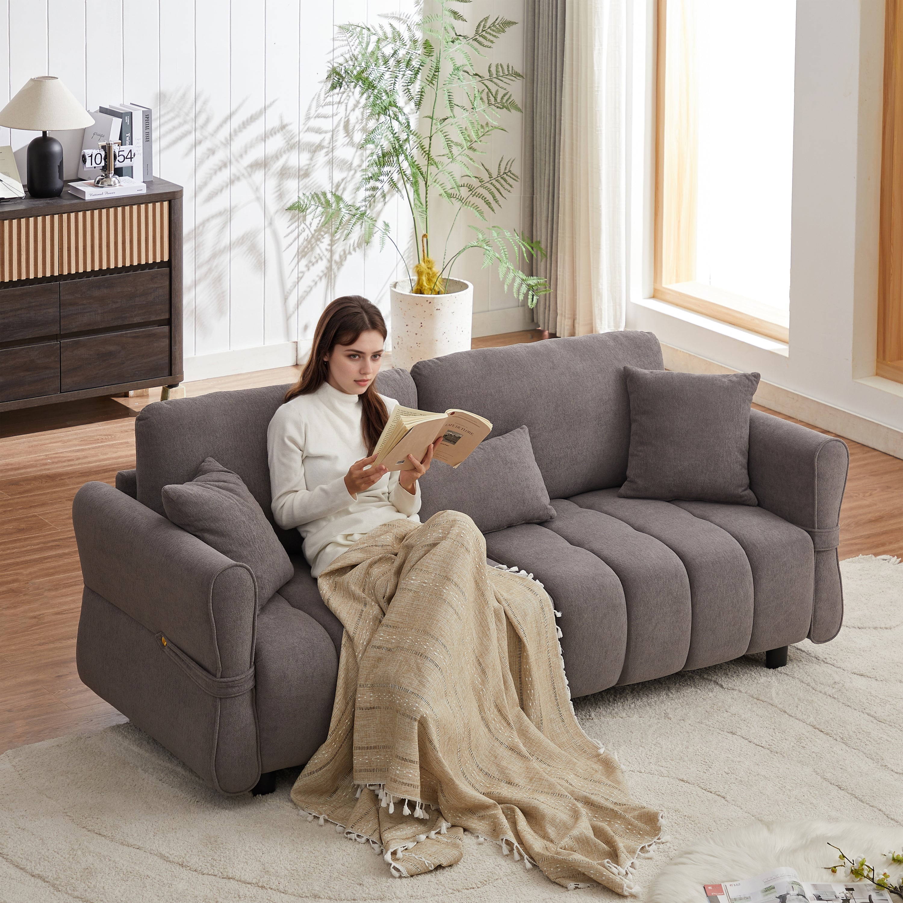 80'' Premium Chenille Fabric Sofa with 2 Cushions & 1 Lumbar Pillow, Armrest Strap Design – Upholstered 3-Seater Sofa for Living Rooms, Bedrooms, Apartments & Offices, Grey