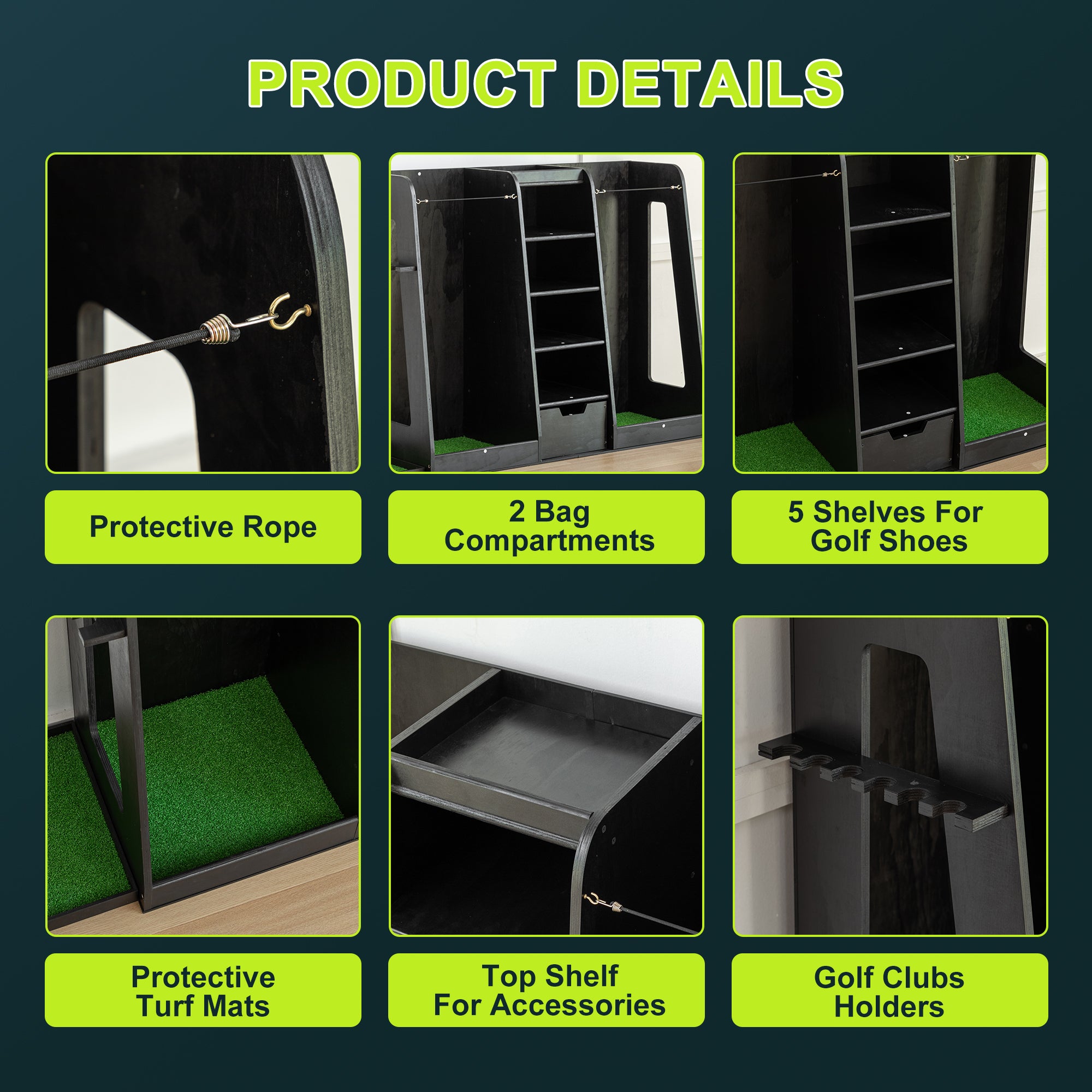 55.5''x16''x37'' Wooden Golf Bag Organizer and Storage Rack – High-Quality 2 Golf Bag Rack with Drawers, Easy to Assemble Golf Club Holder/Stand with Side Club Holders, Black