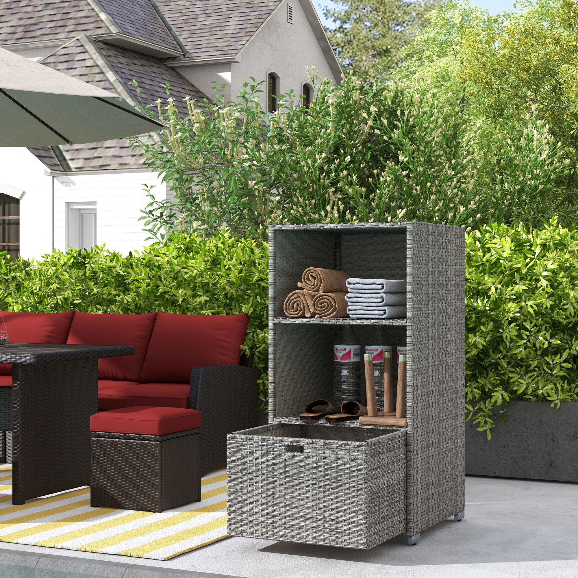 Outsunny Waterproof Rattan Wicker Pool Towel Rack | 2-Shelf Outdoor Spa Storage