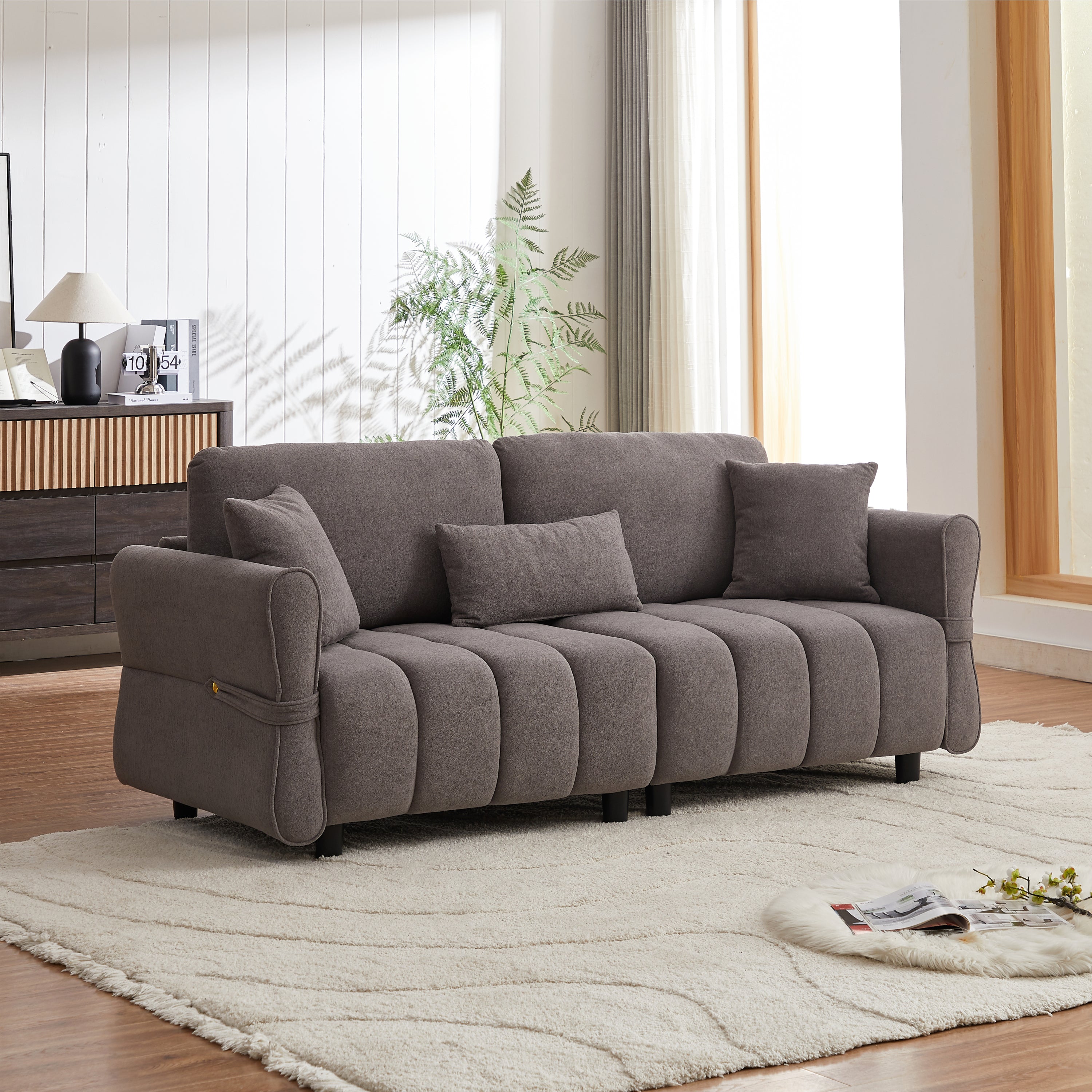 80'' Premium Chenille Fabric Sofa with 2 Cushions & 1 Lumbar Pillow, Armrest Strap Design – Upholstered 3-Seater Sofa for Living Rooms, Bedrooms, Apartments & Offices, Grey
