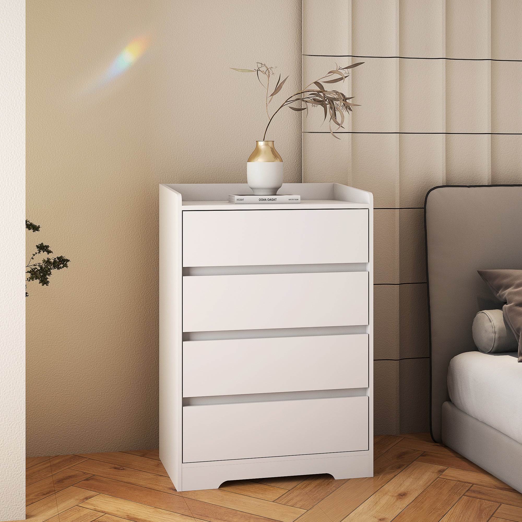 4 Drawer Dresser, Chest of Drawers Without Handle, White Dresser for Bedroom 100% Waterproof, Modern Wooden Cabinet with Sturdy Frame for Living Room, Entryway, Bedroom, Hallway, Office