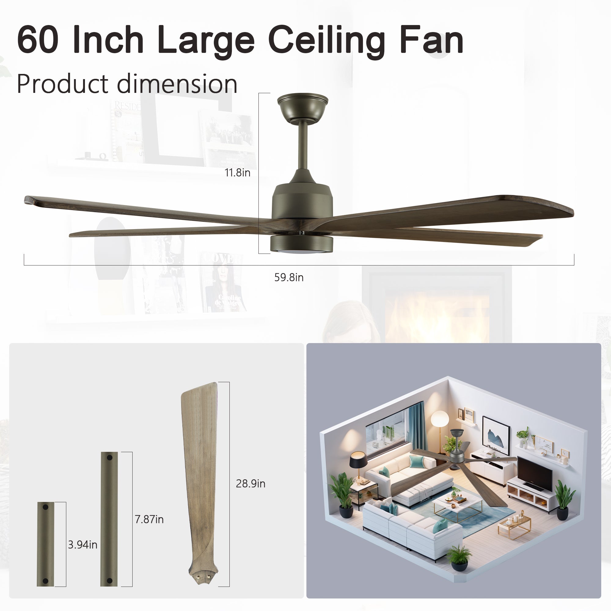 60' Modern Wood Ceiling Fan with Light and Remote Control,6-Speed Noiseless Reversible DC Motor, Ceiling Fan for Kitchen Dinning Living Room
