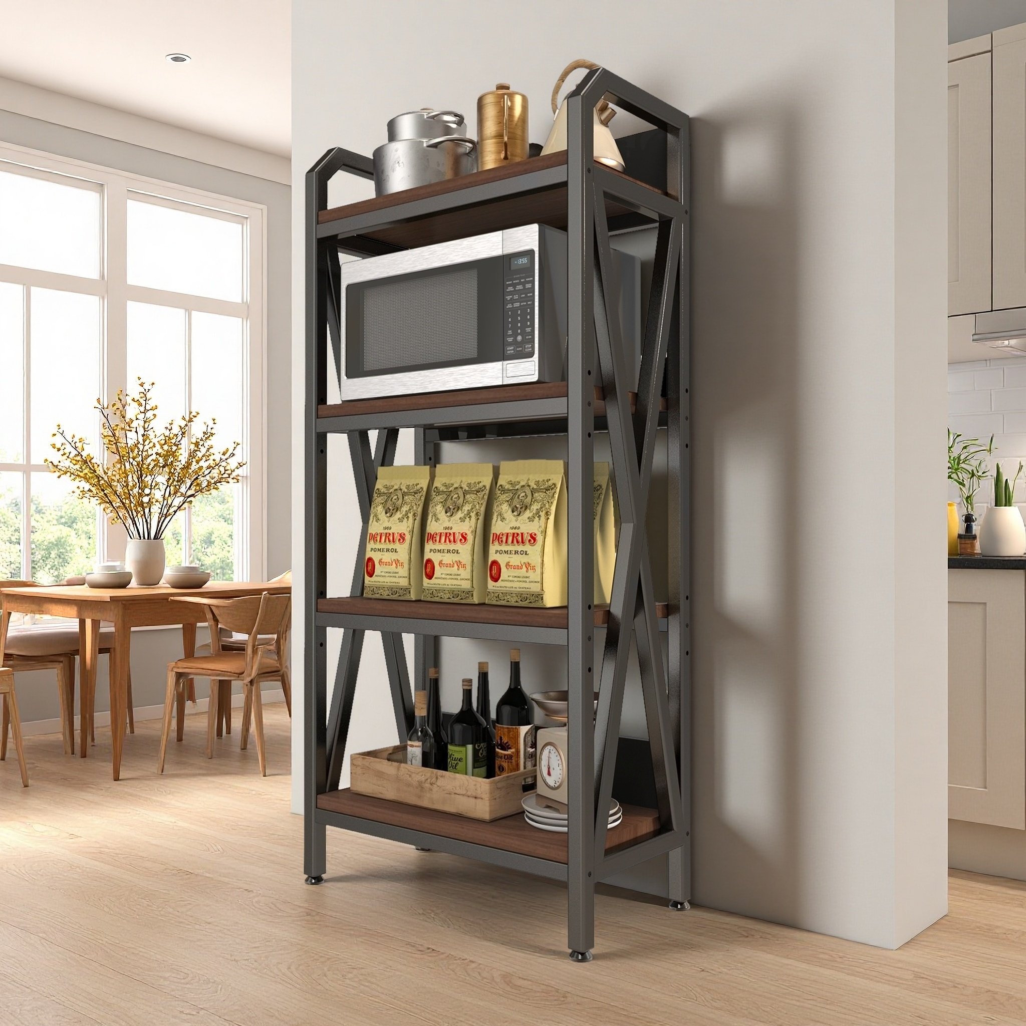 56.3" 4-Tier Bakers Rack | Metal & Wooden Kitchen Storage Shelves, 25.6" Length