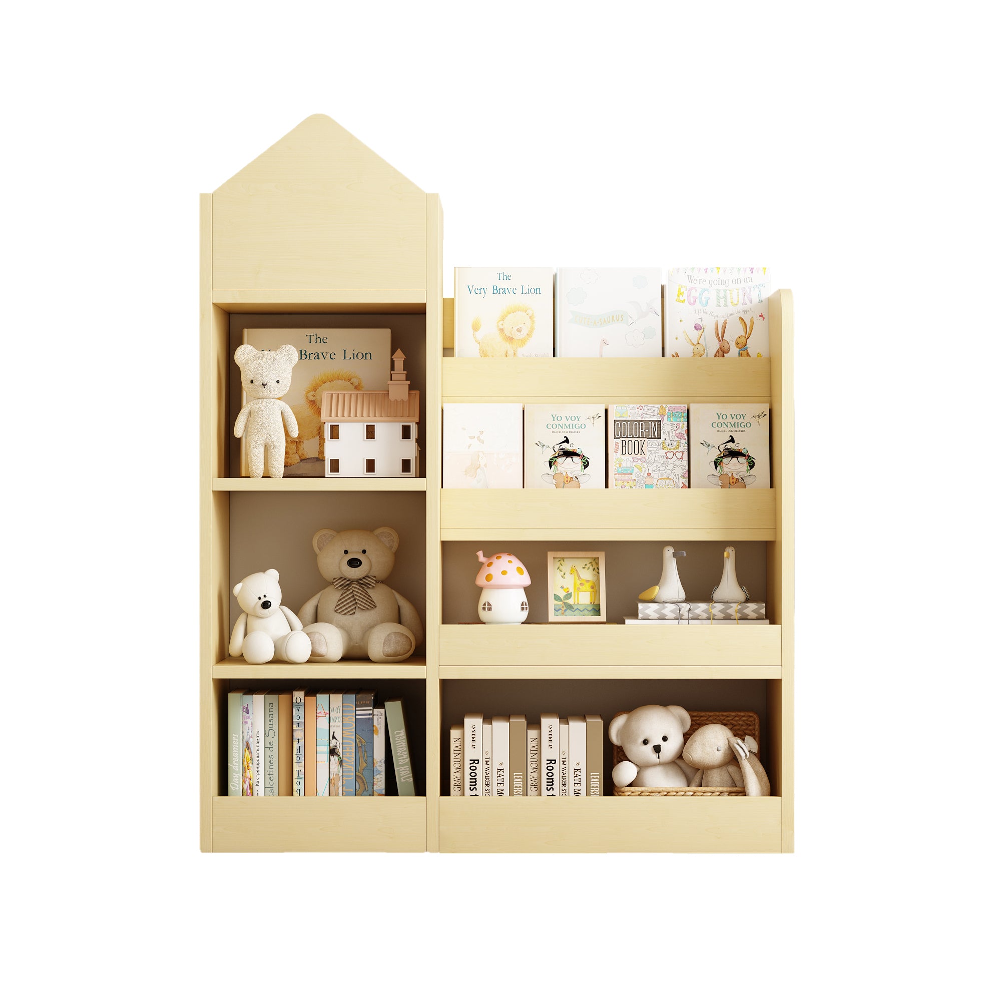 Wooden Kids Bookshelf & Toy Storage Organizer – 6-Compartment Kid’s Bin Storage Unit with 2 Basket Bins, Multi-Shelf Cubby for Books & Toys
