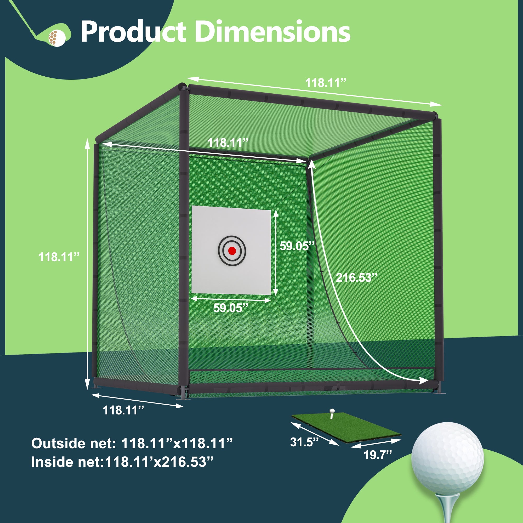Golf Practice Net Cage,10 x 10 x 10FT Metal Frame Hitting Net Kit for Backyard,Golf Batting Cage Netting Golf Training Simulators for Home