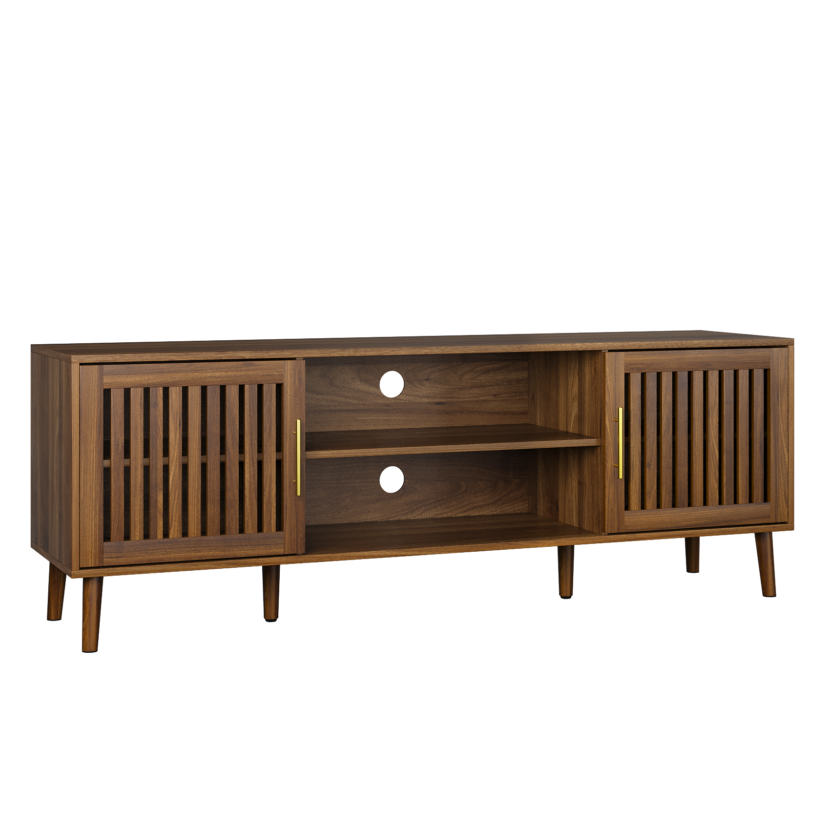 63-Inch Walnut TV Stand – Mid-Century Modern Entertainment Center with 2 Grille Door Cabinets & Adjustable Storage Rack, Fits 55/65/70 Inch TVs