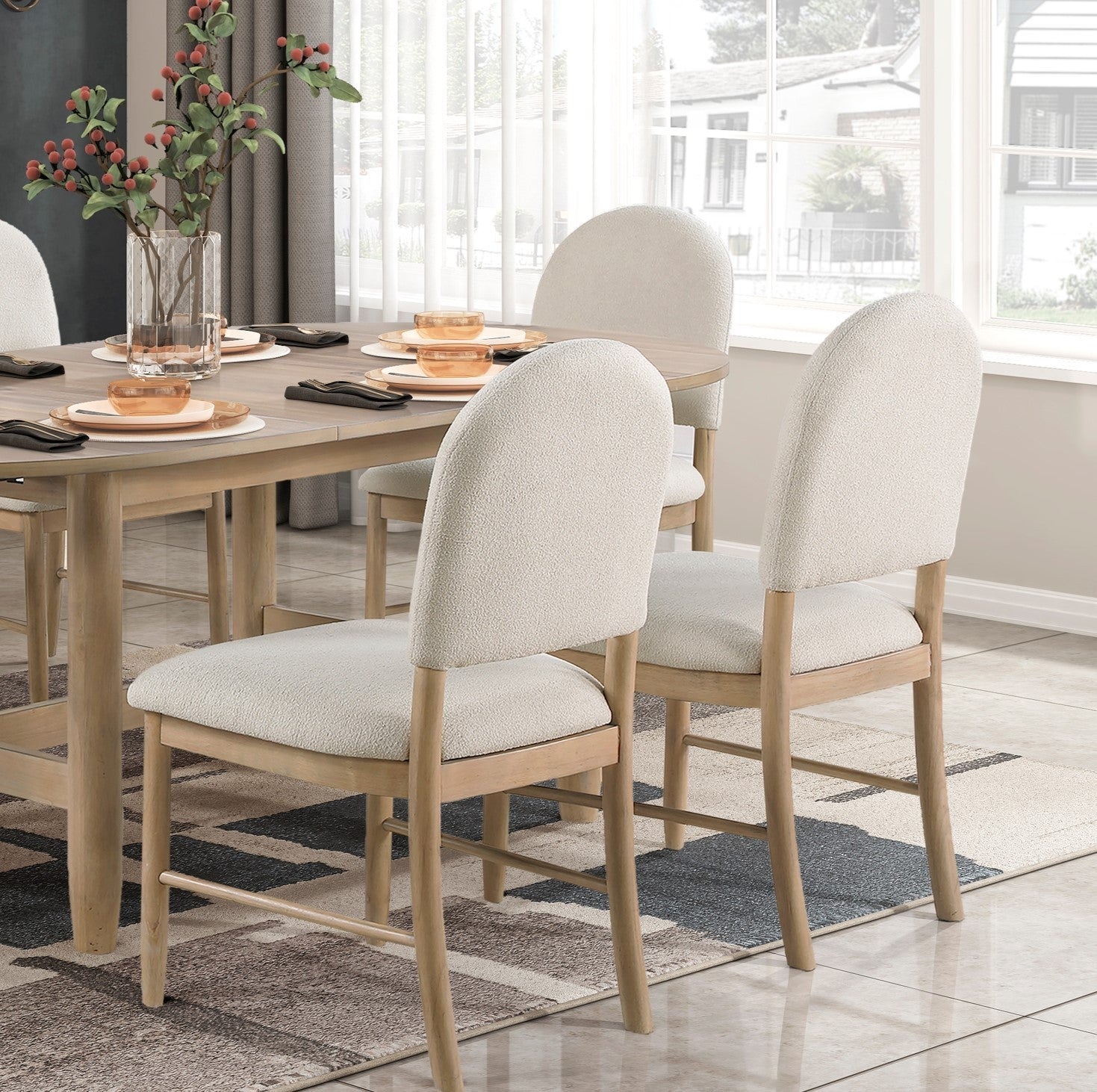 Natural Finish Dining Side Chairs Set of 2, Beige Fabric Upholstered Seat Back Classic Luxury Dining Room Furniture