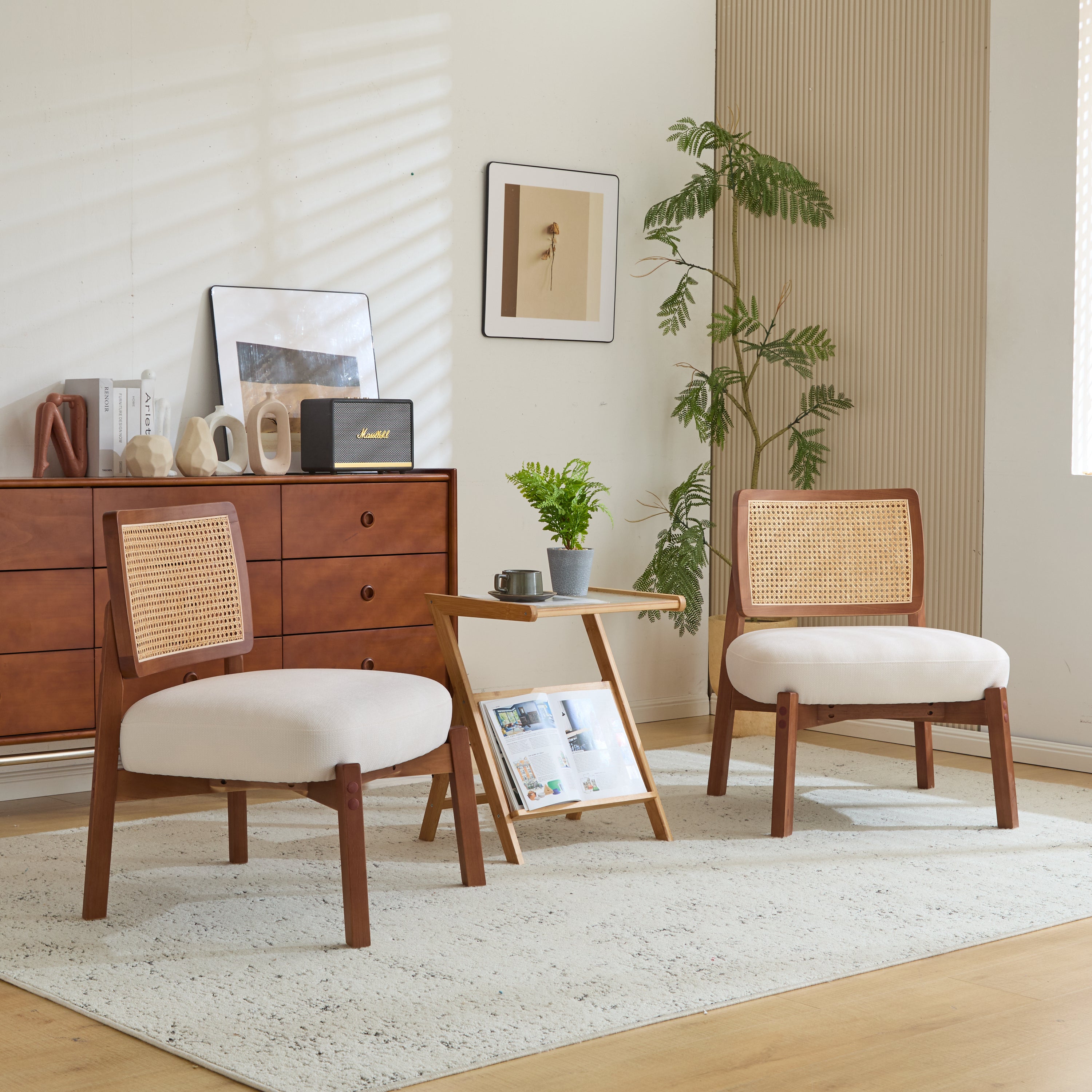 [Set of 2] Modern Beige Lounge Chair with Woven Backrest, Sturdy Wooden Frame, Minimalist and Elegant Accent Seating for Living Room, Bedroom, or Office