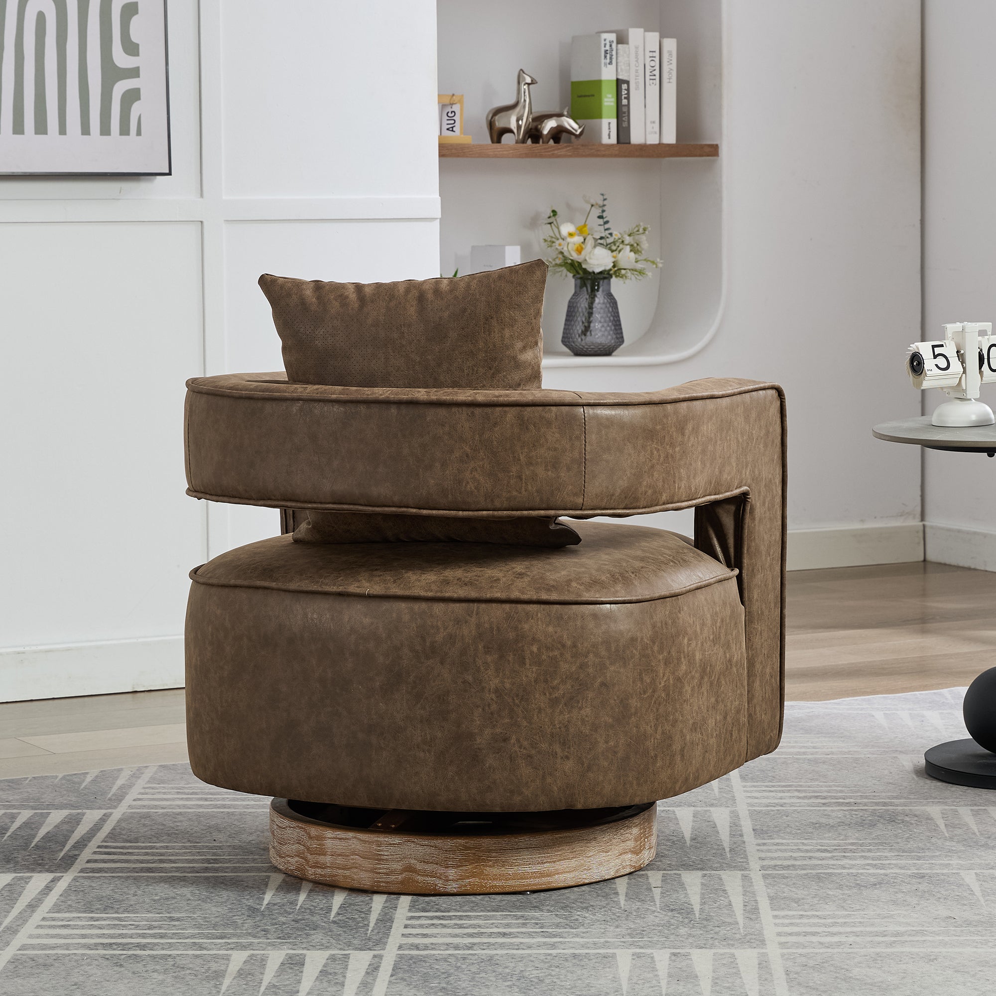 29.1"W Swivel Accent Open Back Barrel Chair Modern Comfy Sofa Chair With Weathered Base For Nursery Bedroom Living Room Hotel Office, Club Chair Leisure Arm Chair For Lounge (Coffee,PU)
