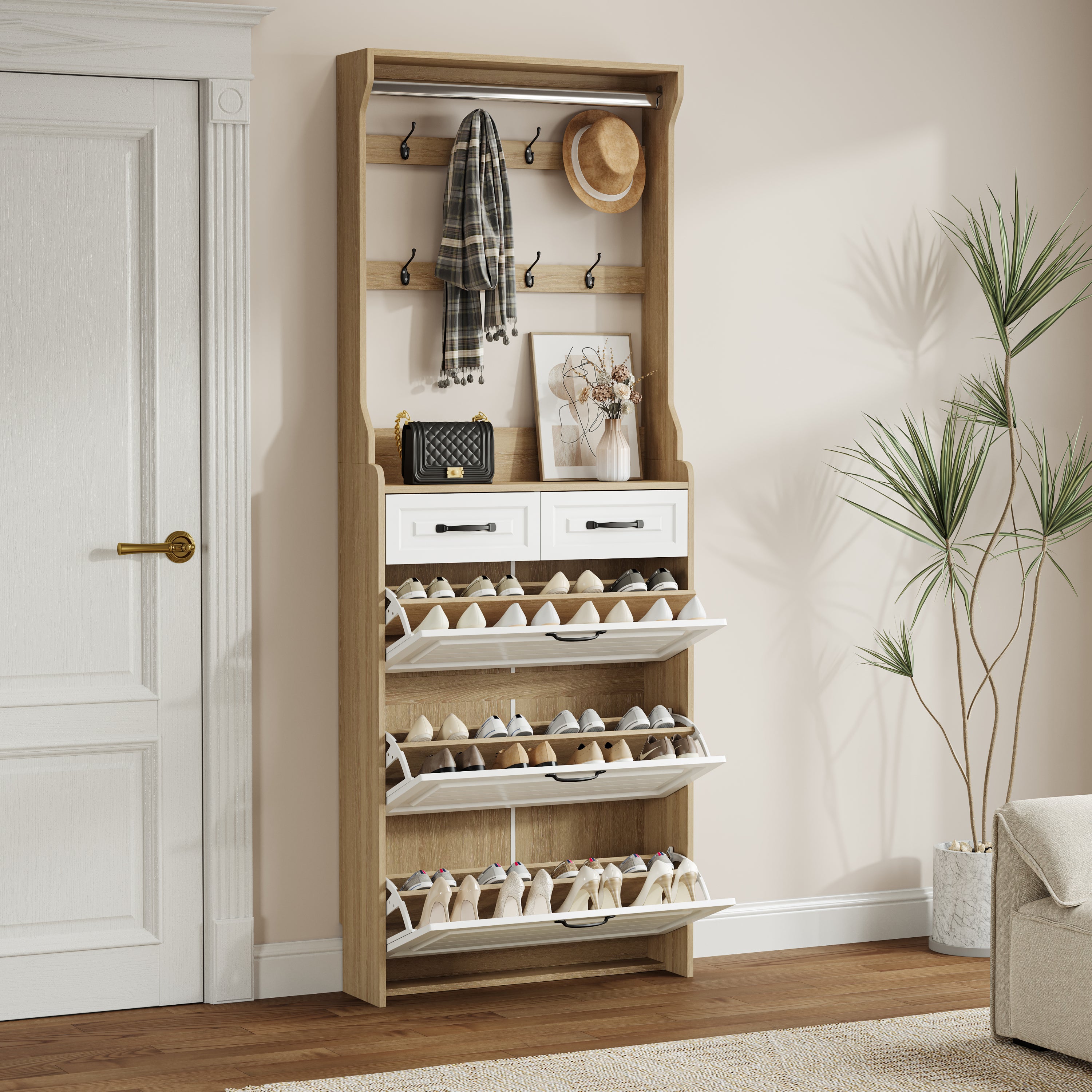 New Oak Color Shoe Cabinet with 3 Doors, 2 Drawers, and Hanger, Large Storage Space for Shoes and Accessories
