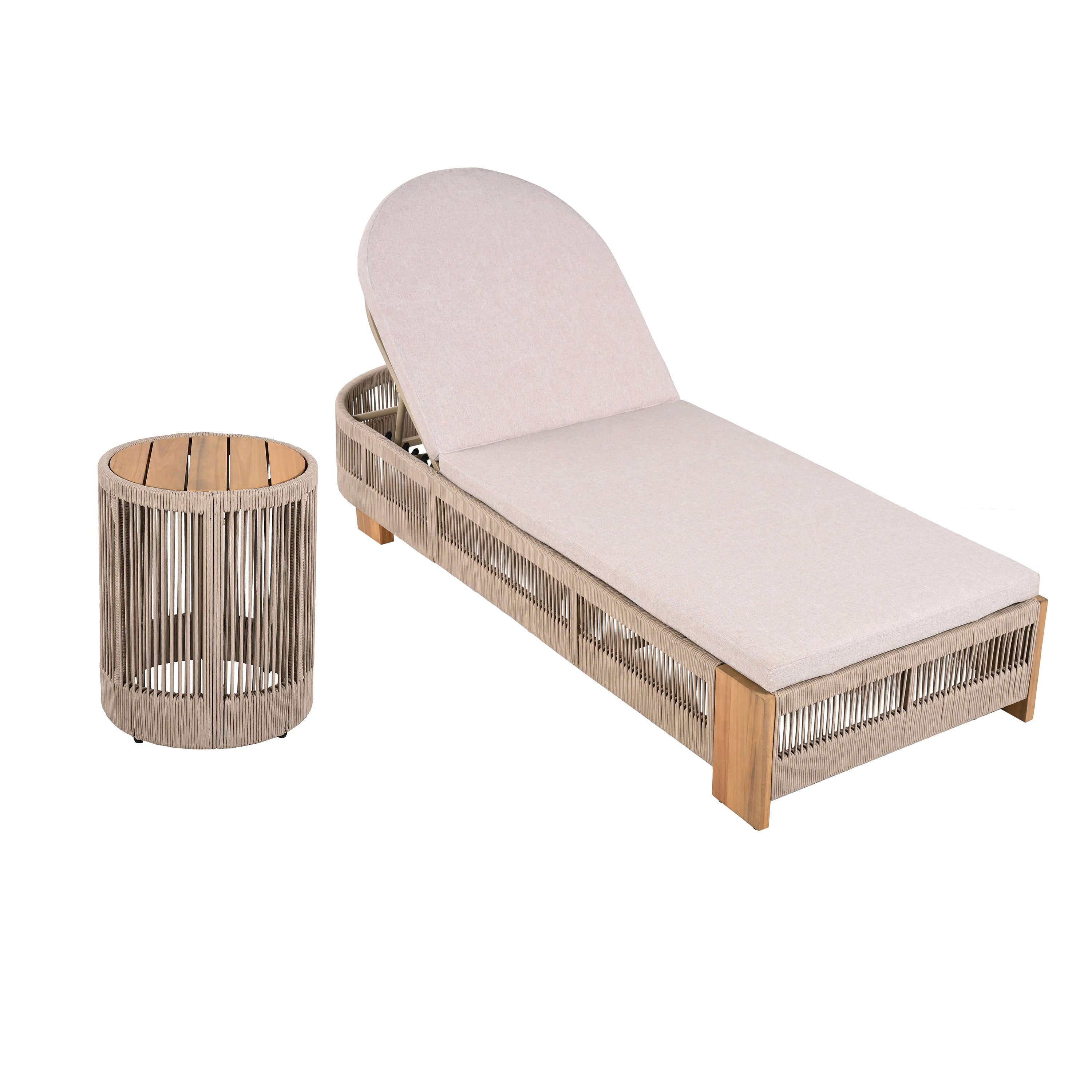 Outdoor Rope Chaise Lounge Set – 3-Piece Patio Furniture with Adjustable Backrests, Teak-Look Acacia Wood Side Table, Beige Cushions, Beige Rope Design – Ideal for Poolside & Garden Lounging