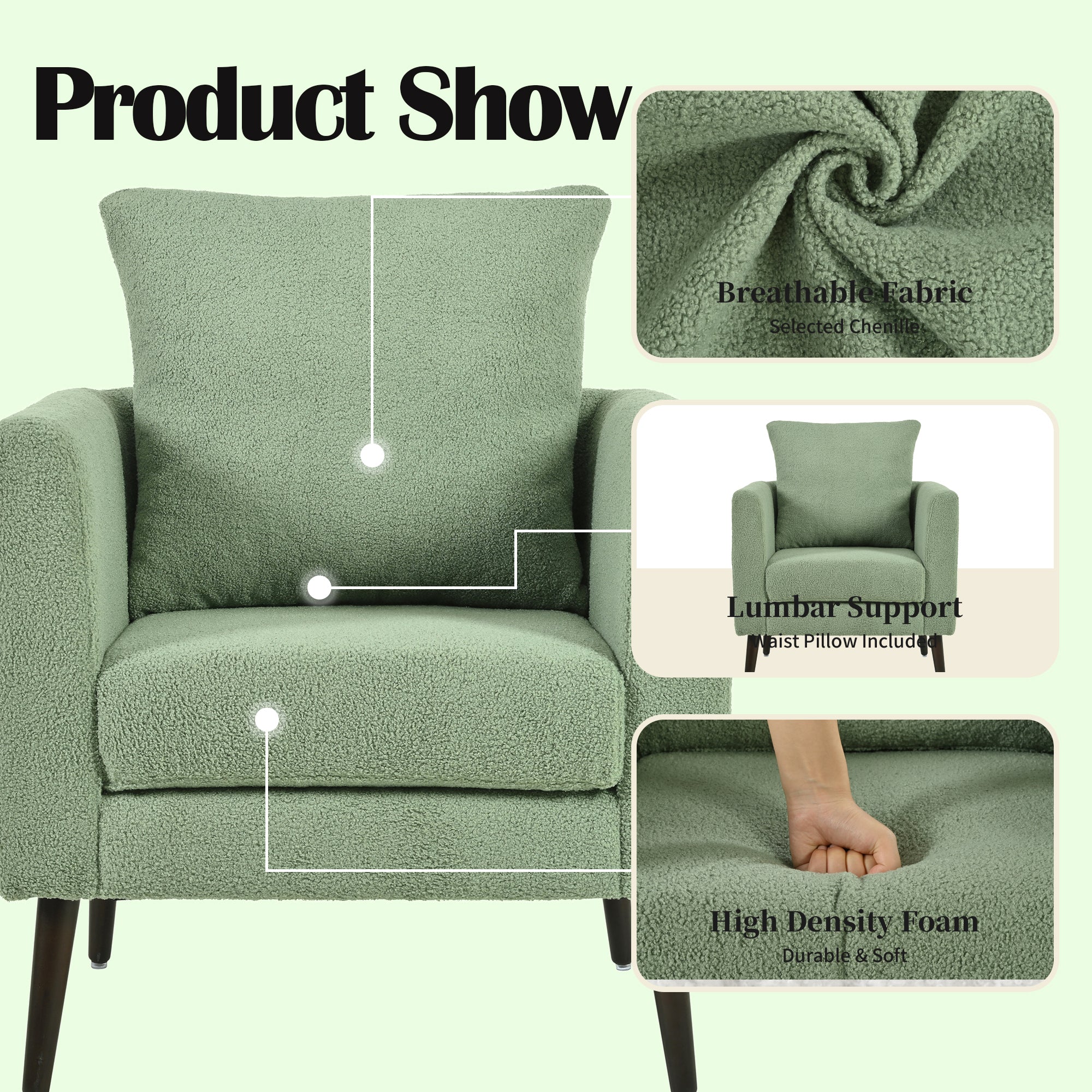 Modern Accent Chair – Upholstered Mid Century Lounge Armchair with Pillow & Wood Legs for Living Room, Bedroom, Reception Room (Light Green)