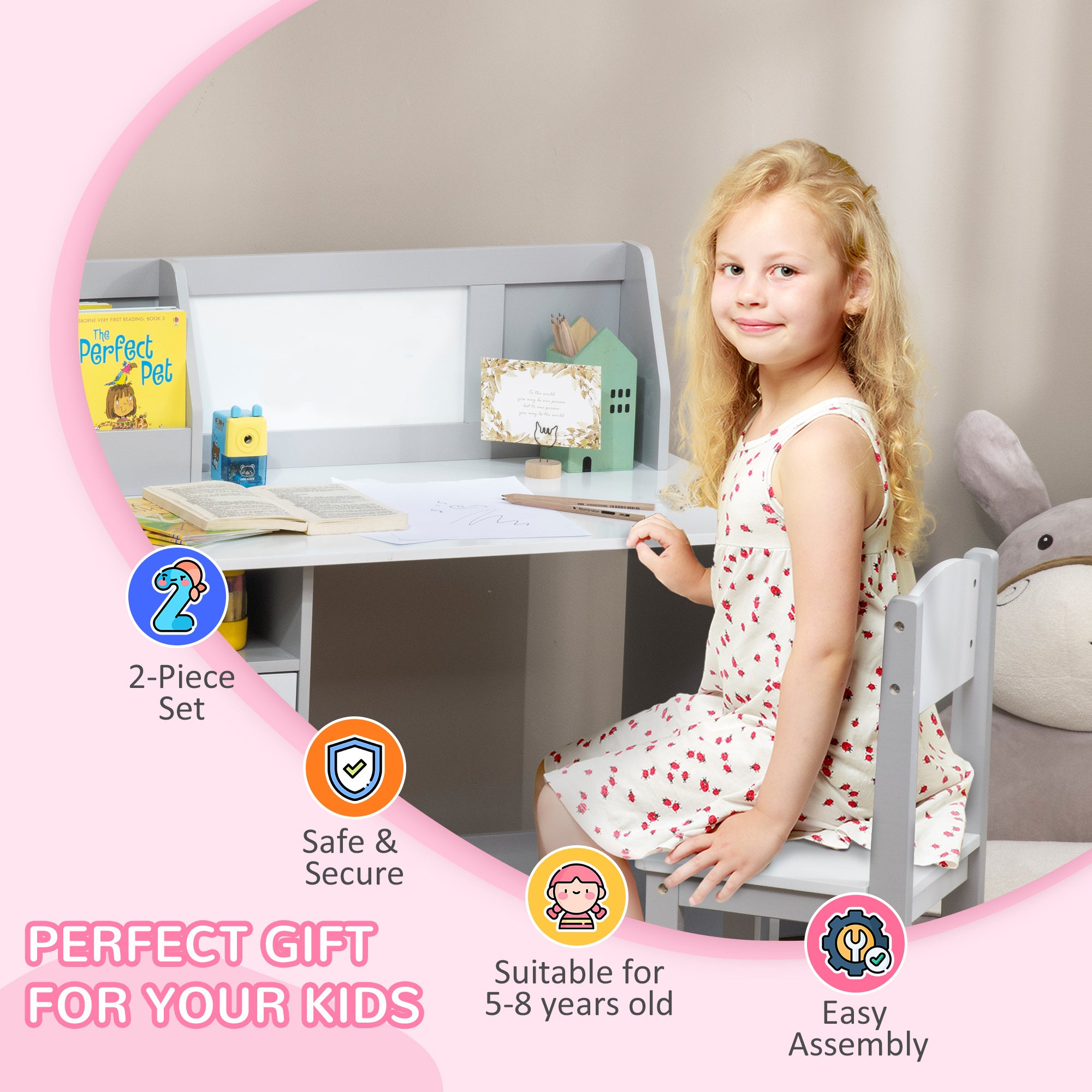Qaba Toddler Desk and Chair Set | Kids Writing Desk w/ Whiteboard and amp; Storage (Gray)