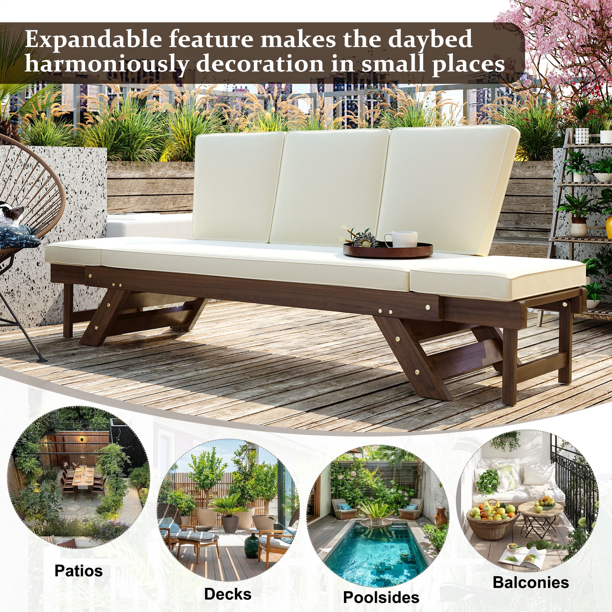 TOPMAX Outdoor Adjustable Patio Wooden Daybed Sofa Chaise Lounge with Cushions for Small Places, Brown Finish+Beige Cushion