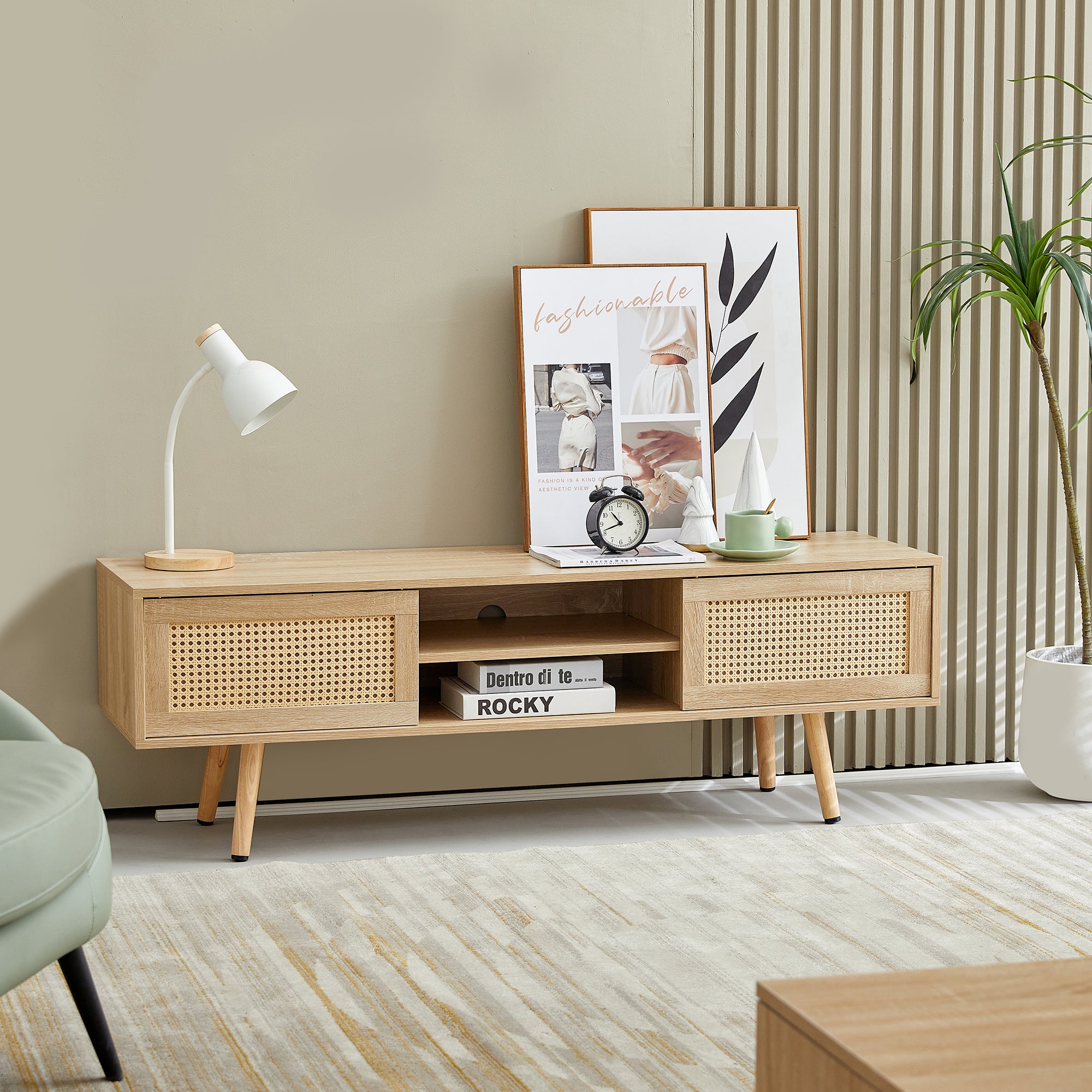 55.12" Rattan TV Cabinet with Double Sliding Doors, Adjustable Shelf & Solid Wood Legs – TV Console for Living Room, Natural