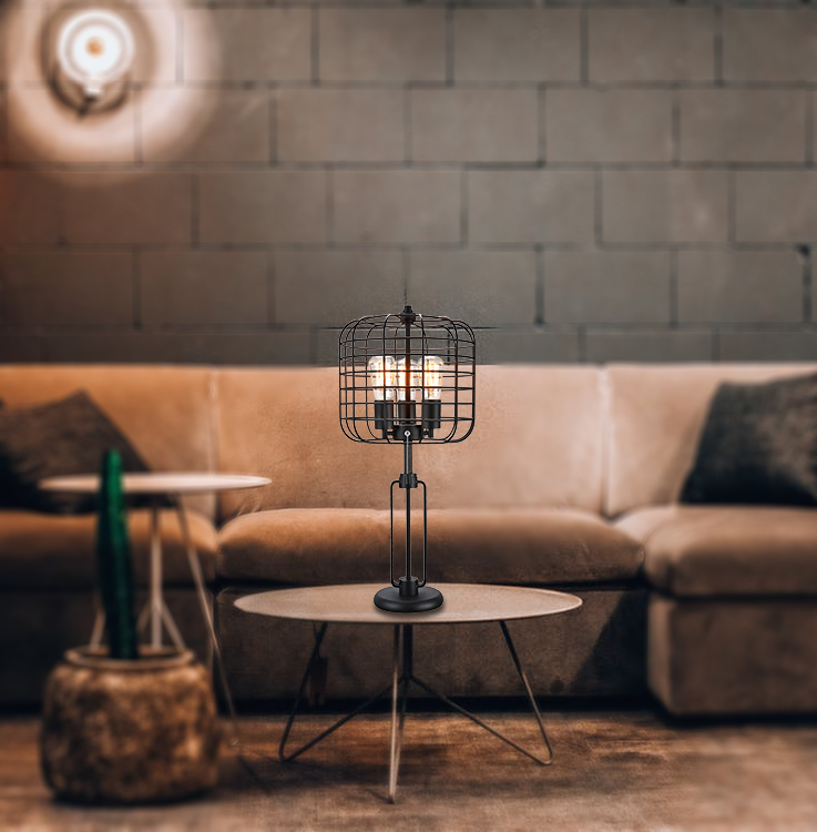 26" Black Industrial Wire Cage Table Lamp with Edison Bulb – Modern Desk Lamp (1 Piece)