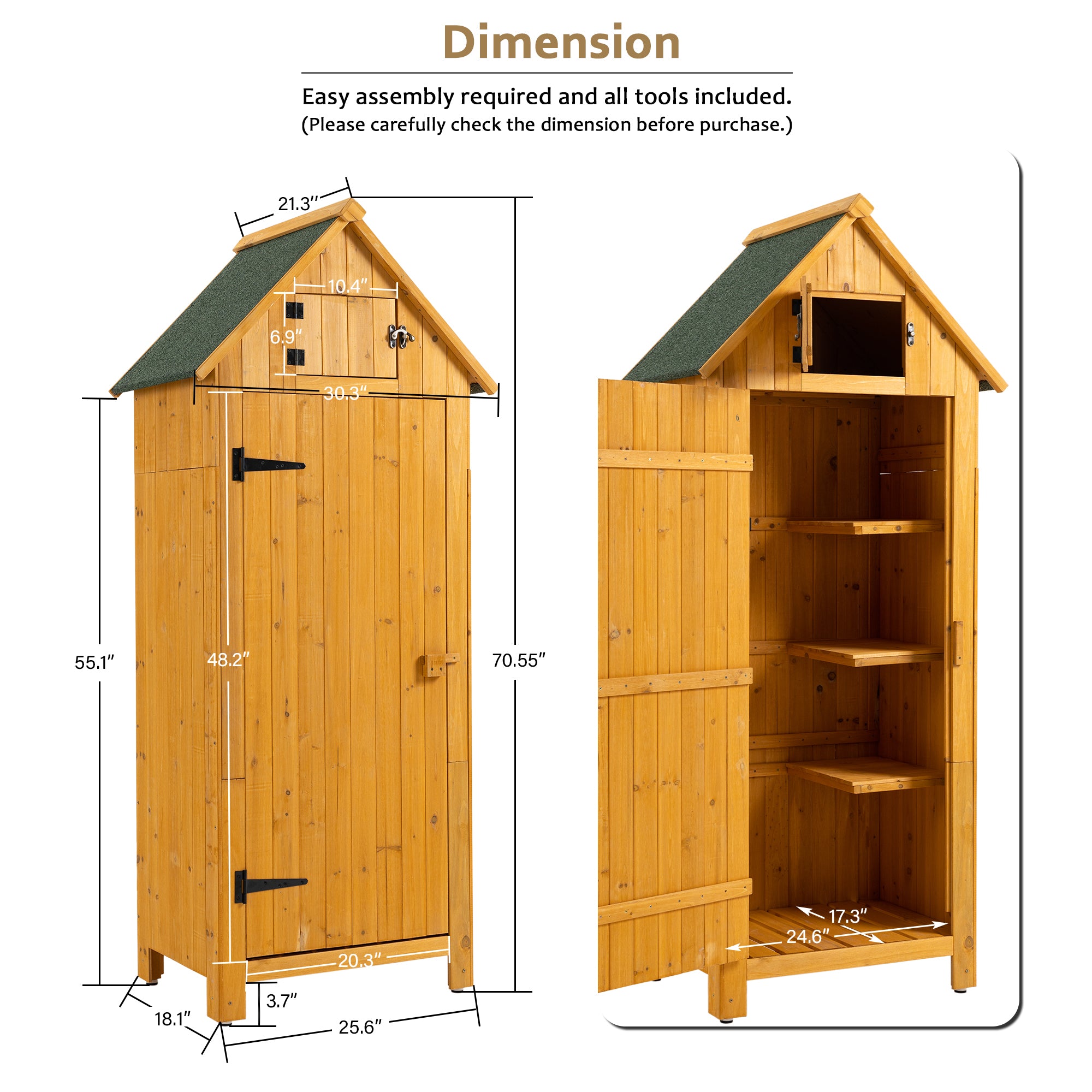 30.3'L x 21.3'W x 70.5'H Outdoor Storage Cabinet Tool Shed – Wooden Garden Shed, Natural Finish