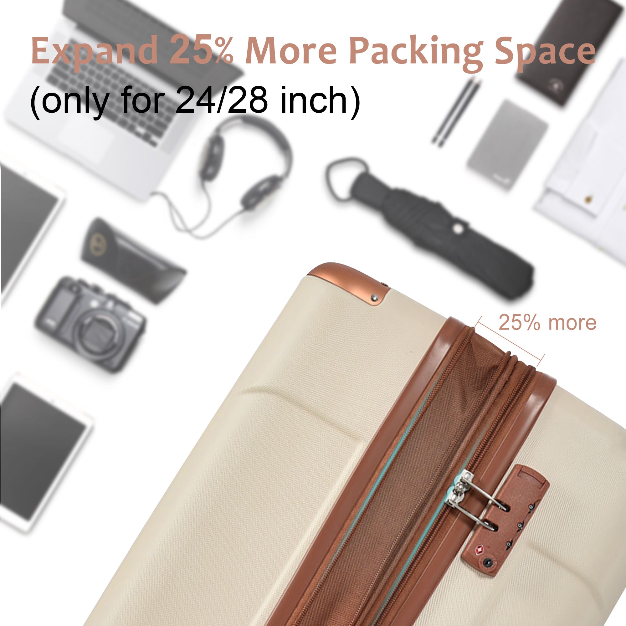 Hardshell Luggage, Lightweight Durable ABS Suitcases with Double Wheels, Expandable 28-inch Checked Luggage 28' (White Brown)