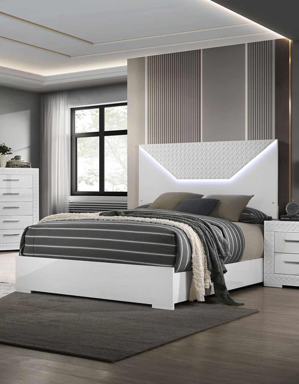 White Color 1pc Queen Size Bed W LED Bedroom Furniture High Gloss Finish Unique Design Headboard
