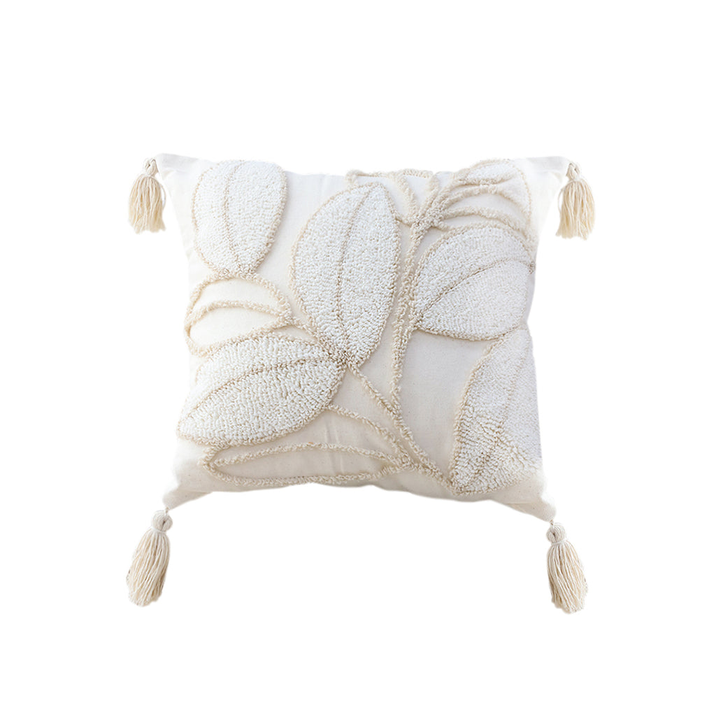 SOGA 45cm Wabi-sabi Cream Flower Cover & Beige Velvet Leaf Throw Pillow