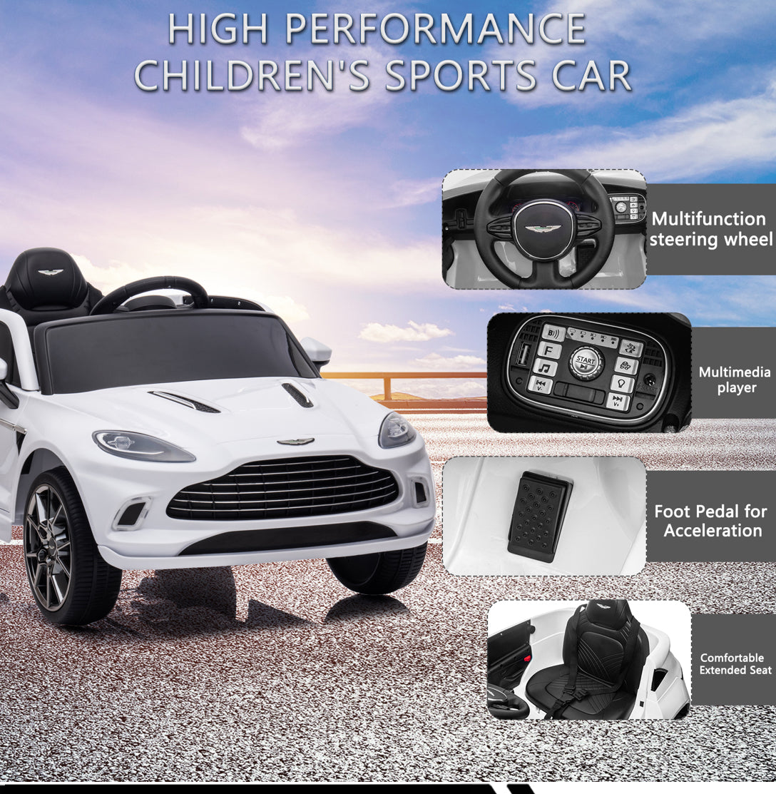 12V Dual-Drive Remote Control Electric Kids Ride-On Car Aston Martin – Battery Powered, 4-Wheel Toy Vehicle with LED Headlights, Music, USB, White – Perfect Gift for Children
