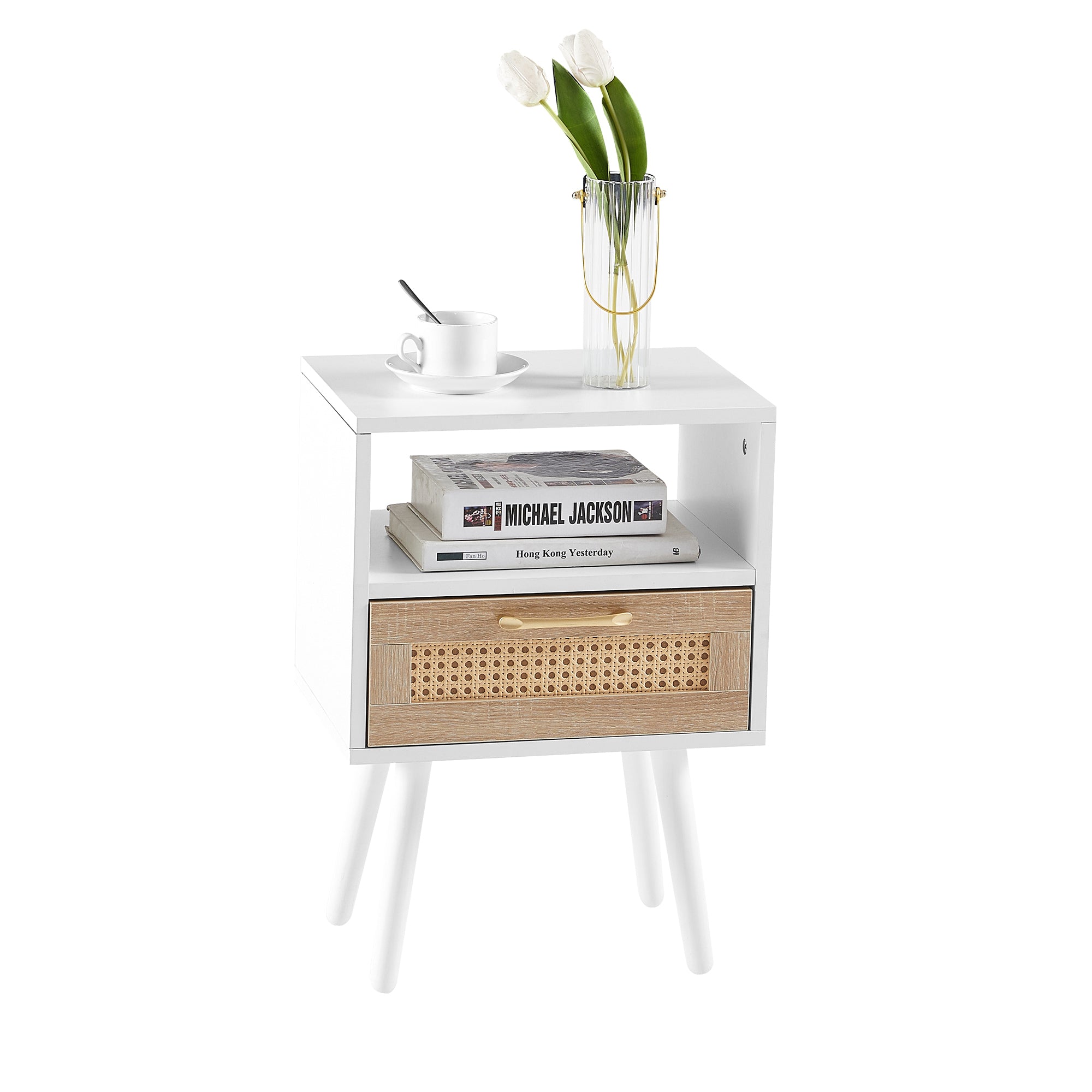 15.75" Rattan End table with  drawer and solid wood legs, Modern nightstand, side table for living room, bedroom, white