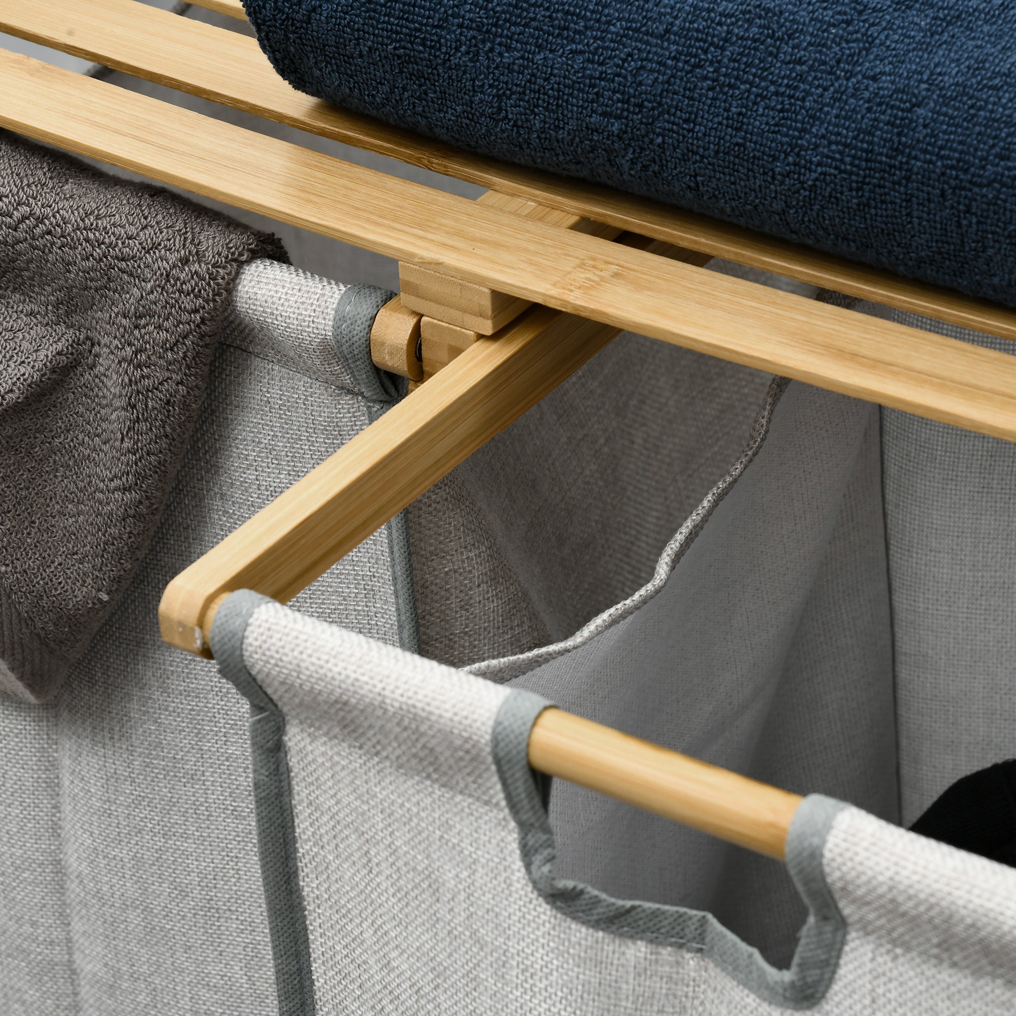 HOMCOM Double Laundry Hamper with 2 Removable Bags, Bamboo Laundry Basket with Storage Shelf, 2 x 10.7 Gallons, Natural Wood & Dark Gray – For Bedroom, Bathroom, Laundry Room
