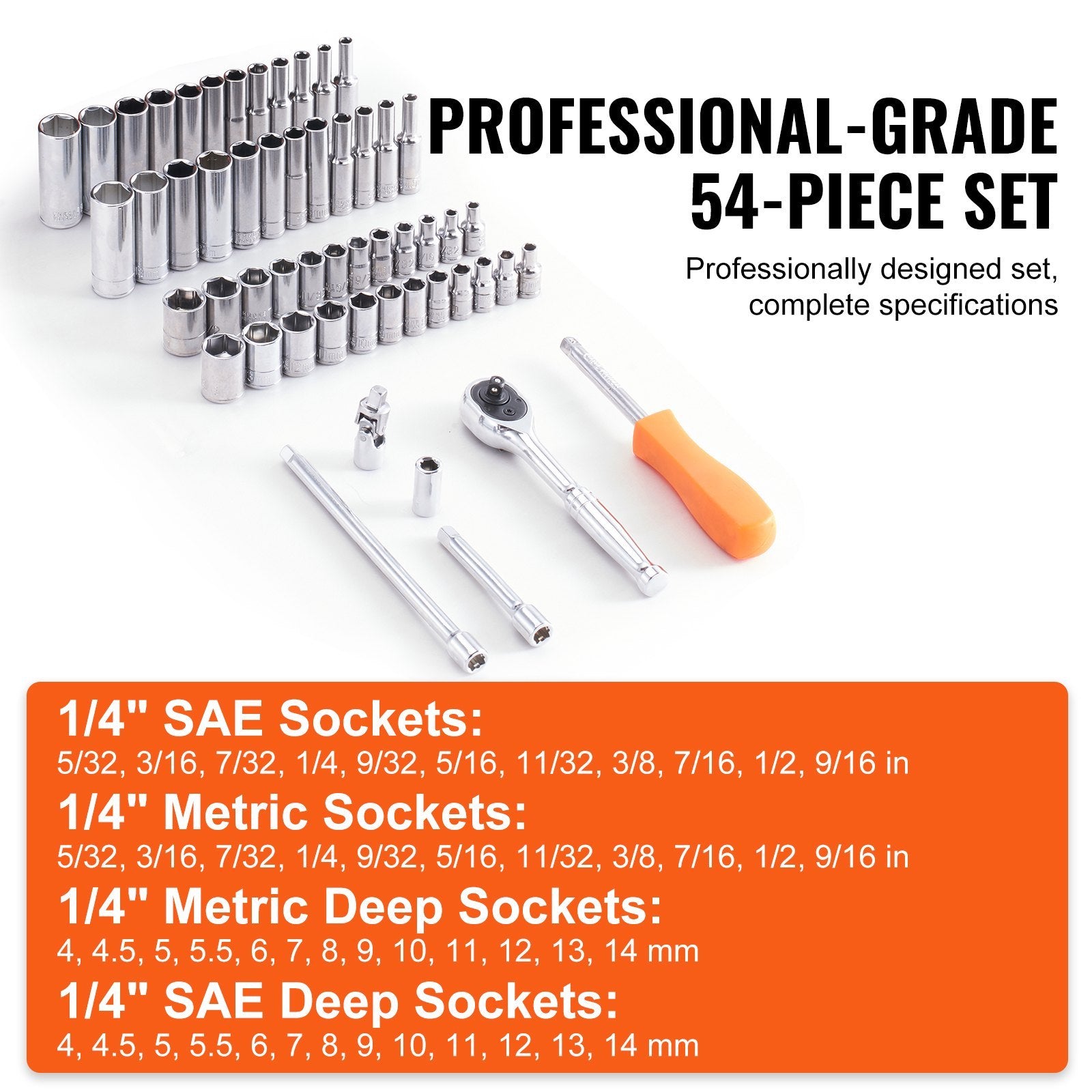  54-Piece 1/4" Drive Socket Set | SAE & Metric Deep & Standard Socket and Ratchet Kit