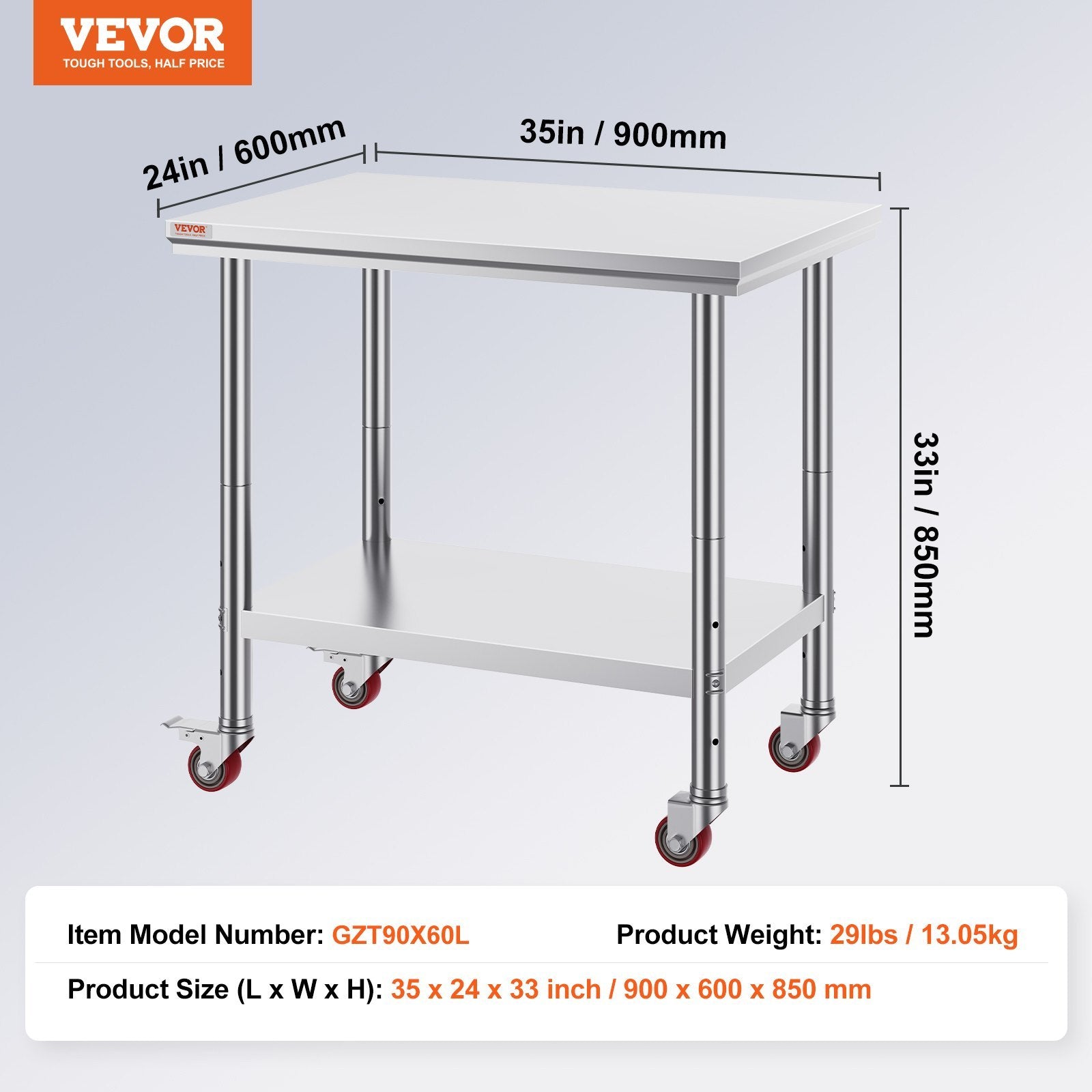 36x24 Inch Stainless Steel Work Table with Wheels | Heavy-Duty Commercial Food Prep Table with Casters
