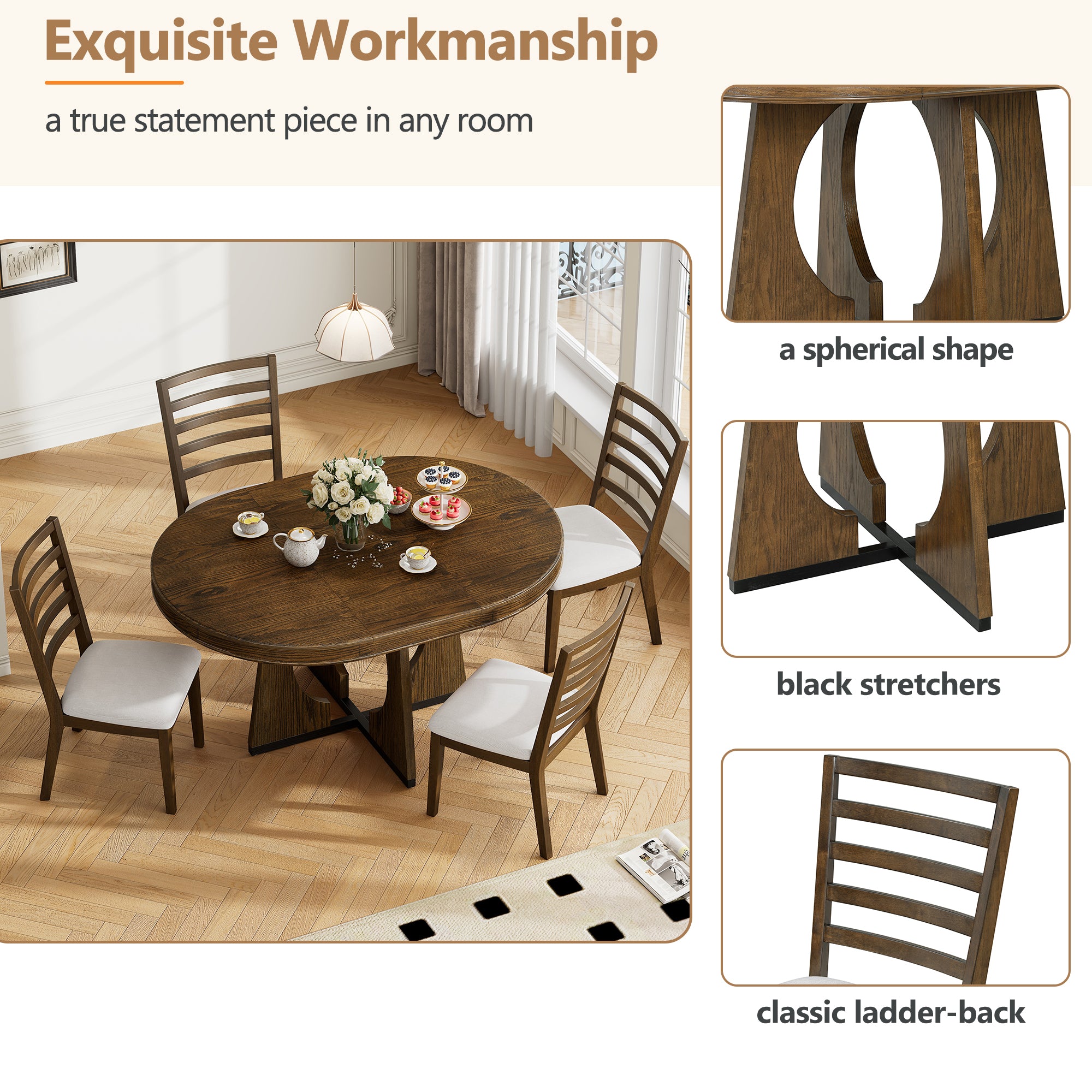 TREXM 5-Piece Round Dining Table Set for 4 – Extendable Dining Table with 16" Removable Leaf and Chairs, Retro Geometric Design for Kitchen or Dining Room, Walnut Finish