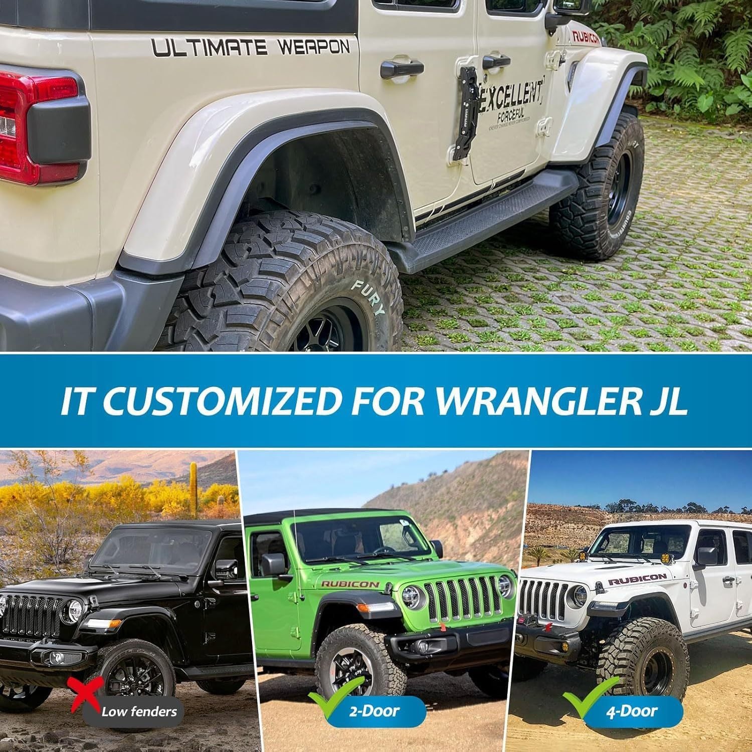 Front & Rear Fender Liner Set for 2018-2024 Jeep Wrangler JL & JLU Unlimited Rubicon – 4-Piece Off-Road Fender Flares (Fits High Clearance Flares, Not for 4XE)