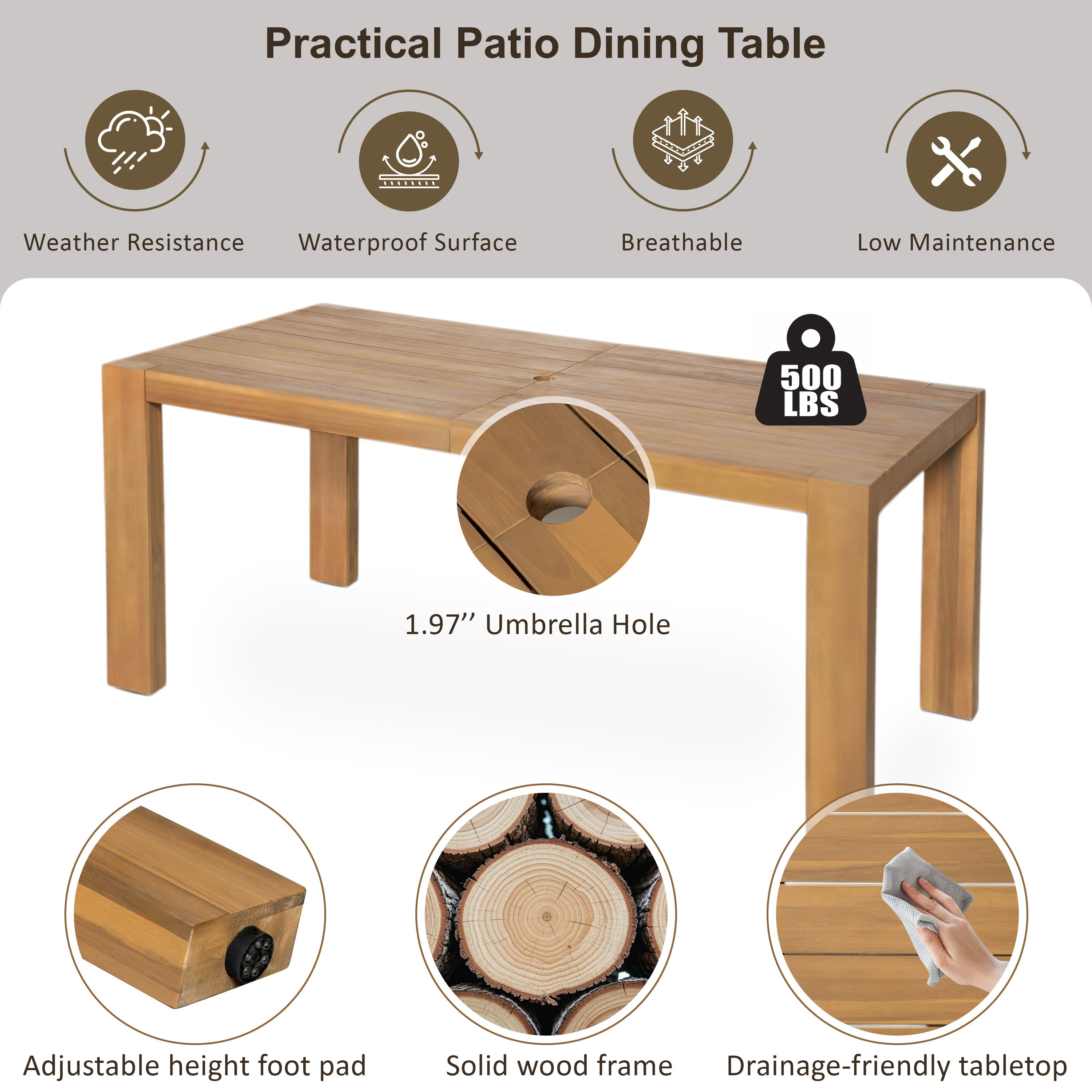 TREXM 7-Piece Patio Dining Table Set for 6,Outdoor Furniture Sets with 72.8'Rectangle Table,Patio Table and Chairs Set with Removable Cushions for Backyard,Garden,Poolside(Light Teak+Beige Cushion)