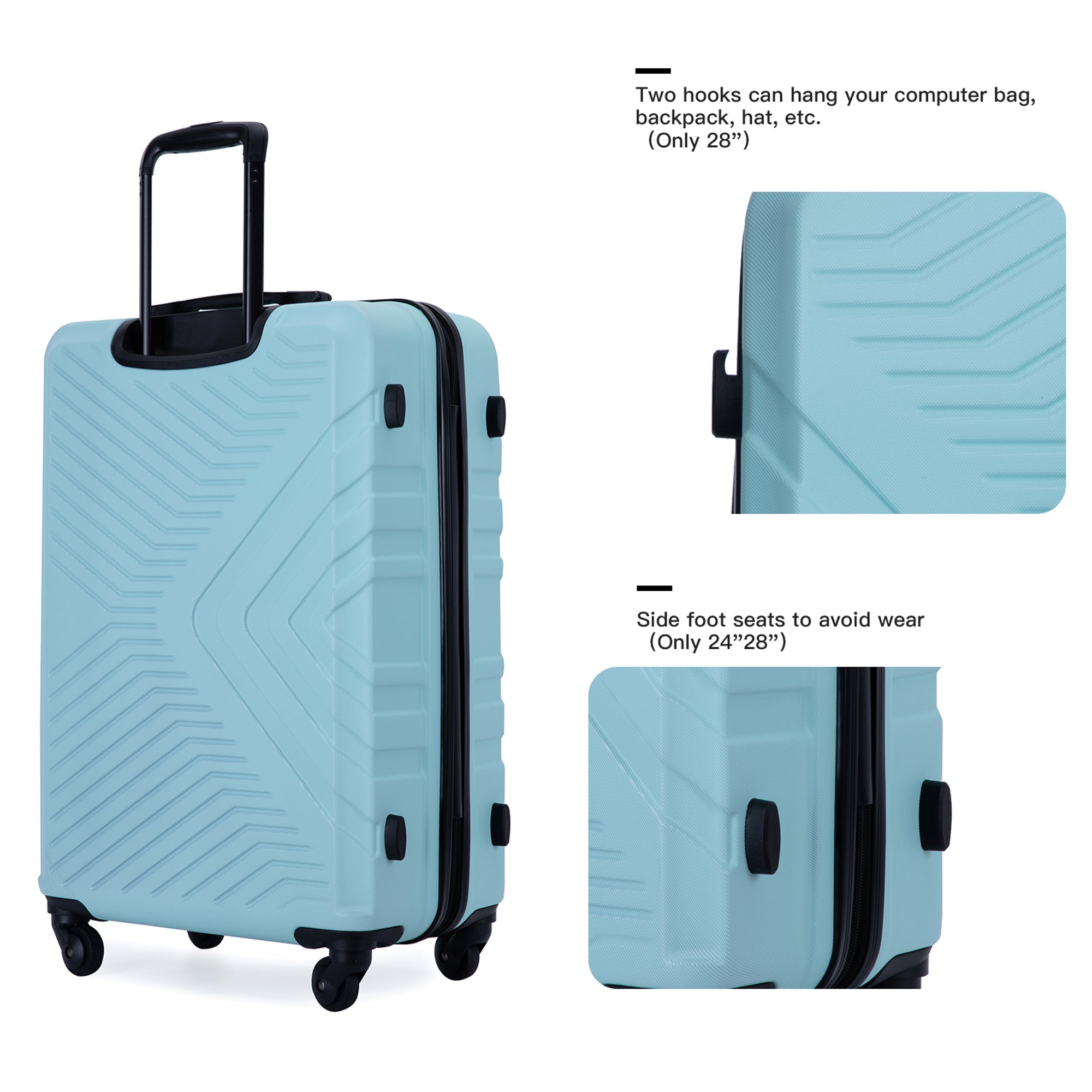 ABS Lightweight 3 Piece Luggage Sets with Two Hooks, Spinner Wheels, TSA Lock, Green (20/24/28 Inch)