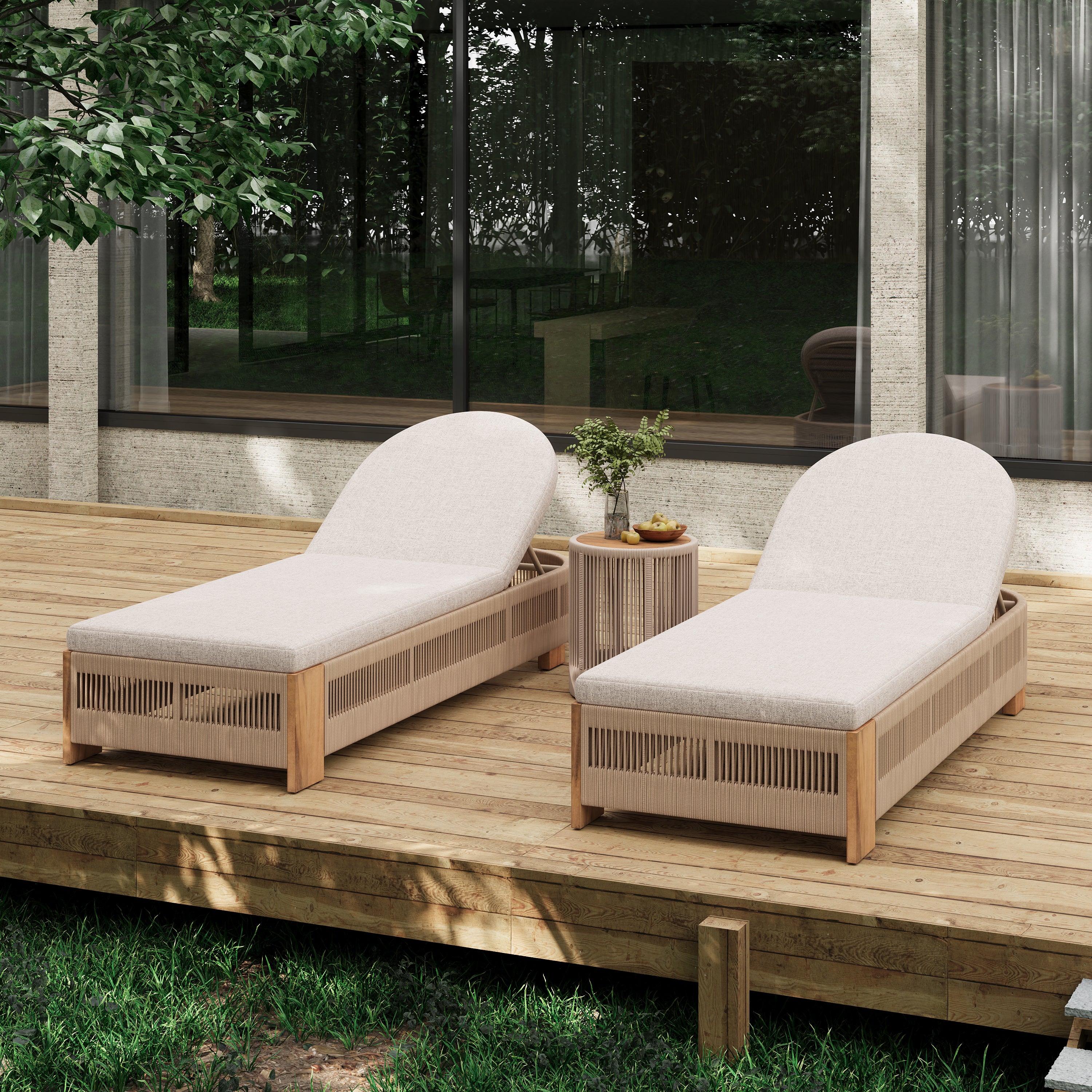 Outdoor Rope Chaise Lounge Set – 3-Piece Patio Furniture with Adjustable Backrests, Teak-Look Acacia Wood Side Table, Beige Cushions, Beige Rope Design – Ideal for Poolside & Garden Lounging