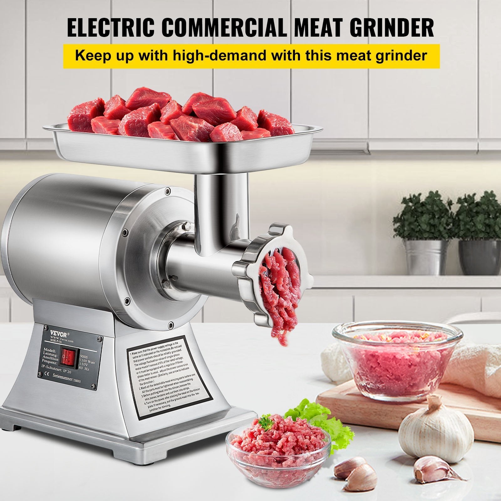 Commercial Heavy-Duty Meat Grinder | 550 lbs/h 1100W Electric Meat Mincer in Stainless Steel