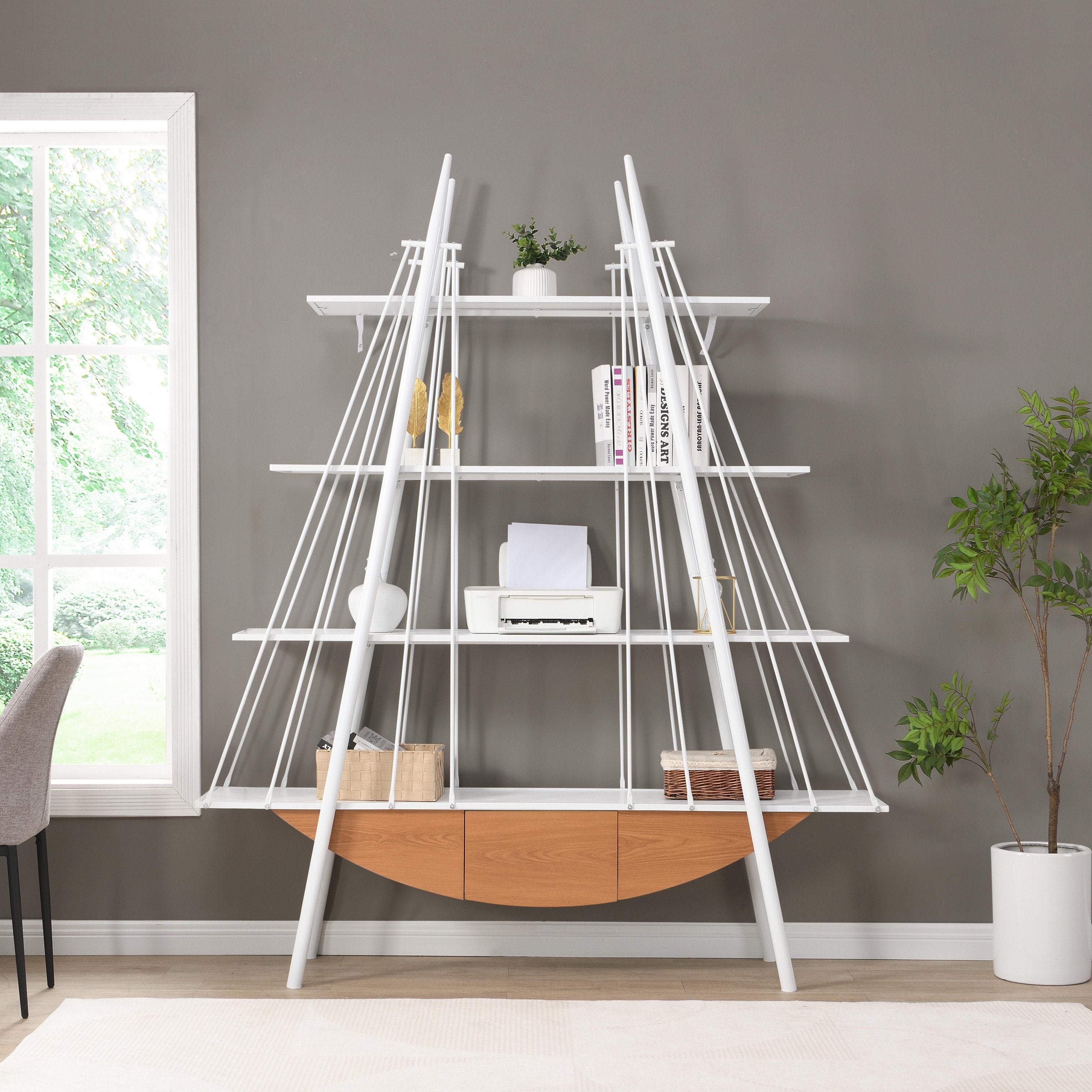: Sailboat-Inspired 70.87" Industrial 4-Tier Bookshelf with Drawer – Wooden & Metal Freestanding Bookcase, Sturdy Display Rack for Living Room, Office & Home Decor