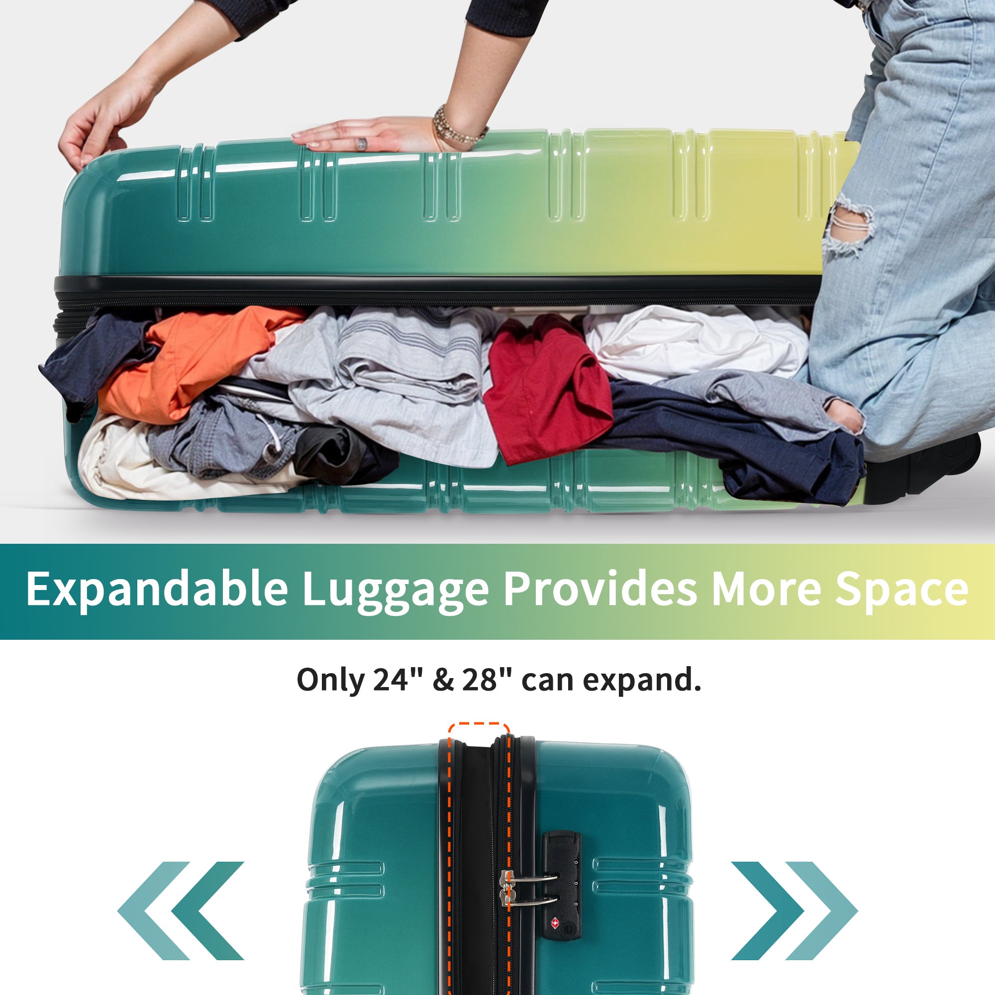 Hardshell Luggage Sets 3 Piece Gradient Color Expandable Suitcase with Spinner Wheels and TSA Lock Lightweight 20' 24' 28' Available,Green+Yellow
