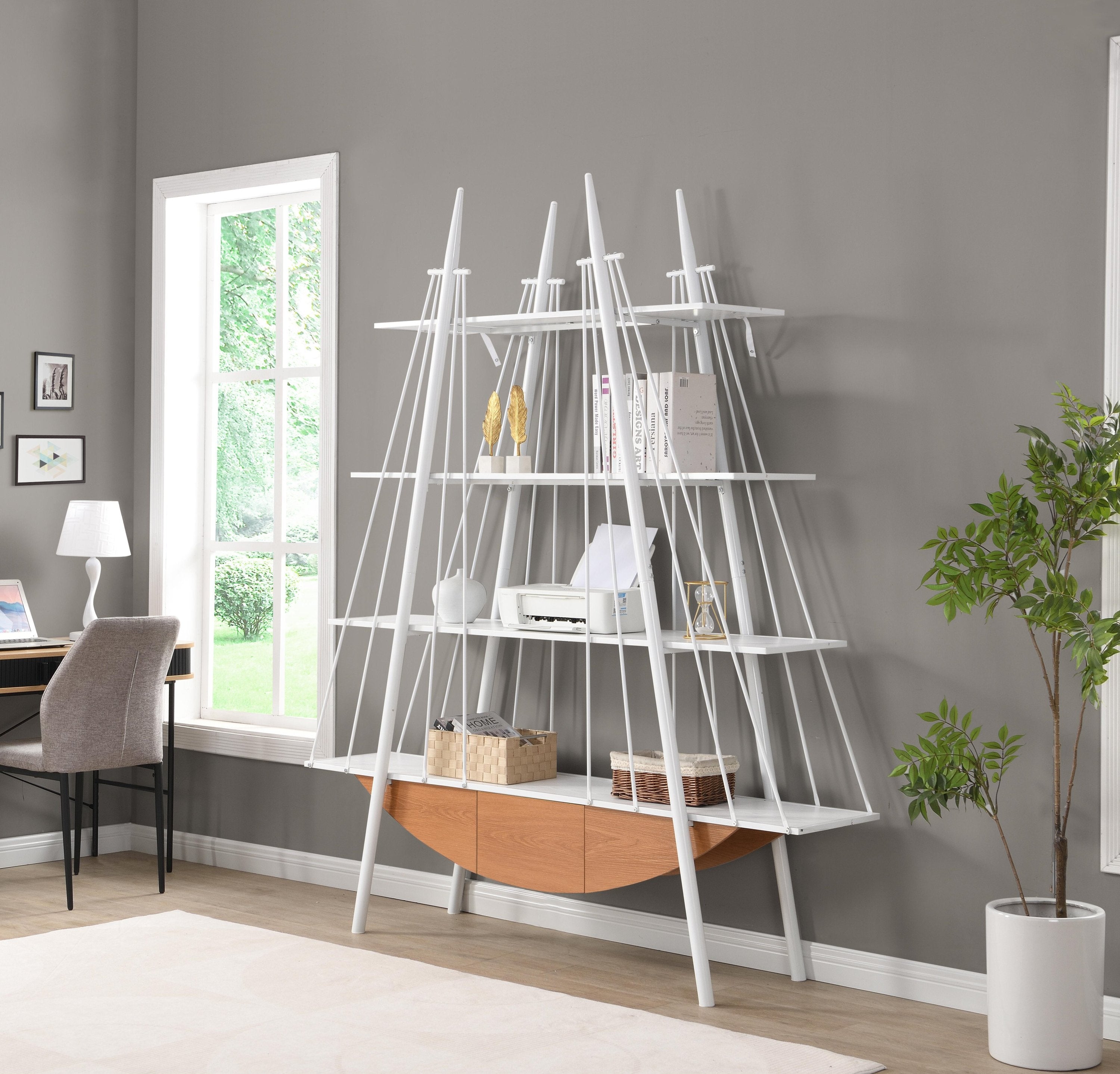 : Sailboat-Inspired 70.87" Industrial 4-Tier Bookshelf with Drawer – Wooden & Metal Freestanding Bookcase, Sturdy Display Rack for Living Room, Office & Home Decor