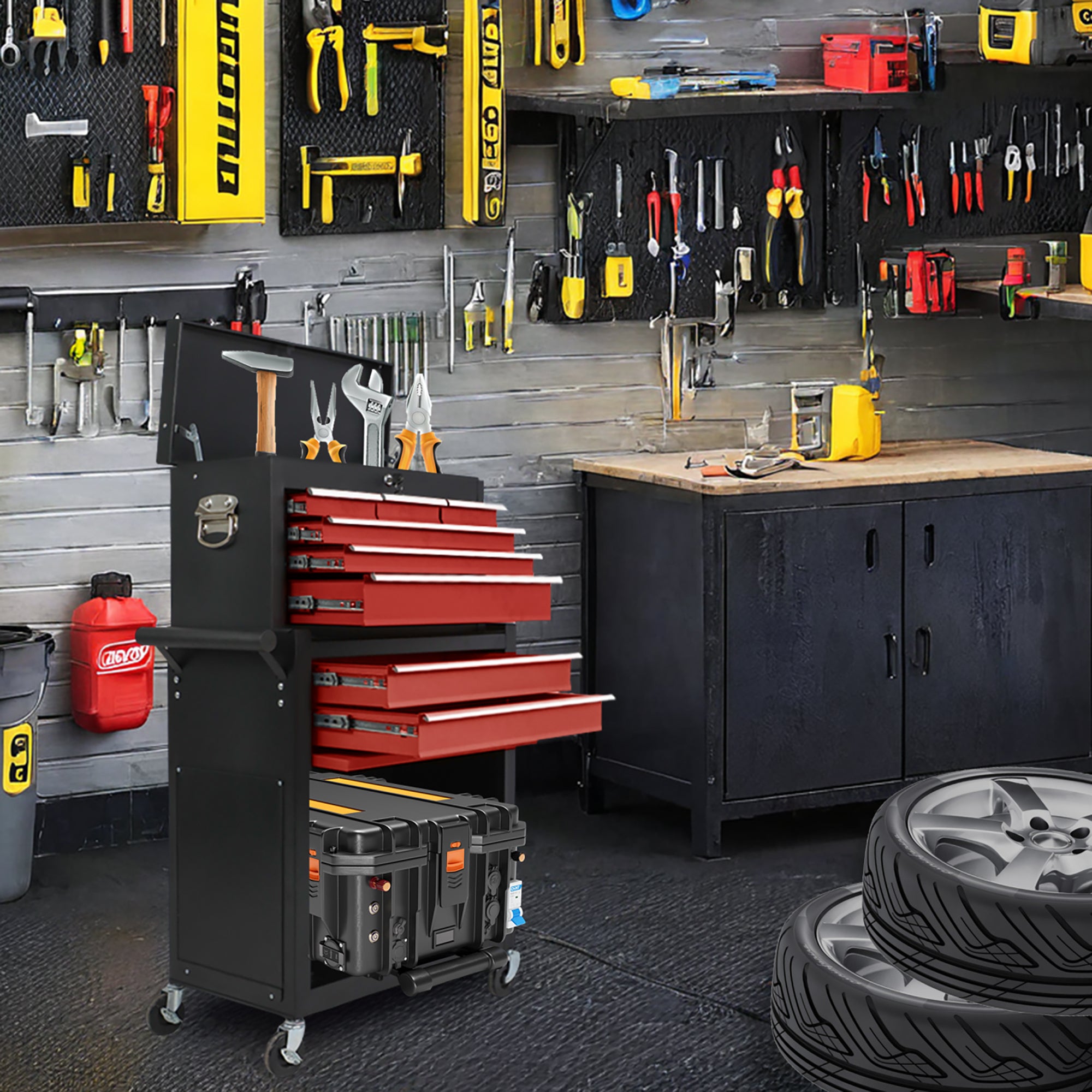  8-Drawer Large Capacity Rolling Toolbox | Black+Red Detachable Tool Cabinet with Wheels & Lock
