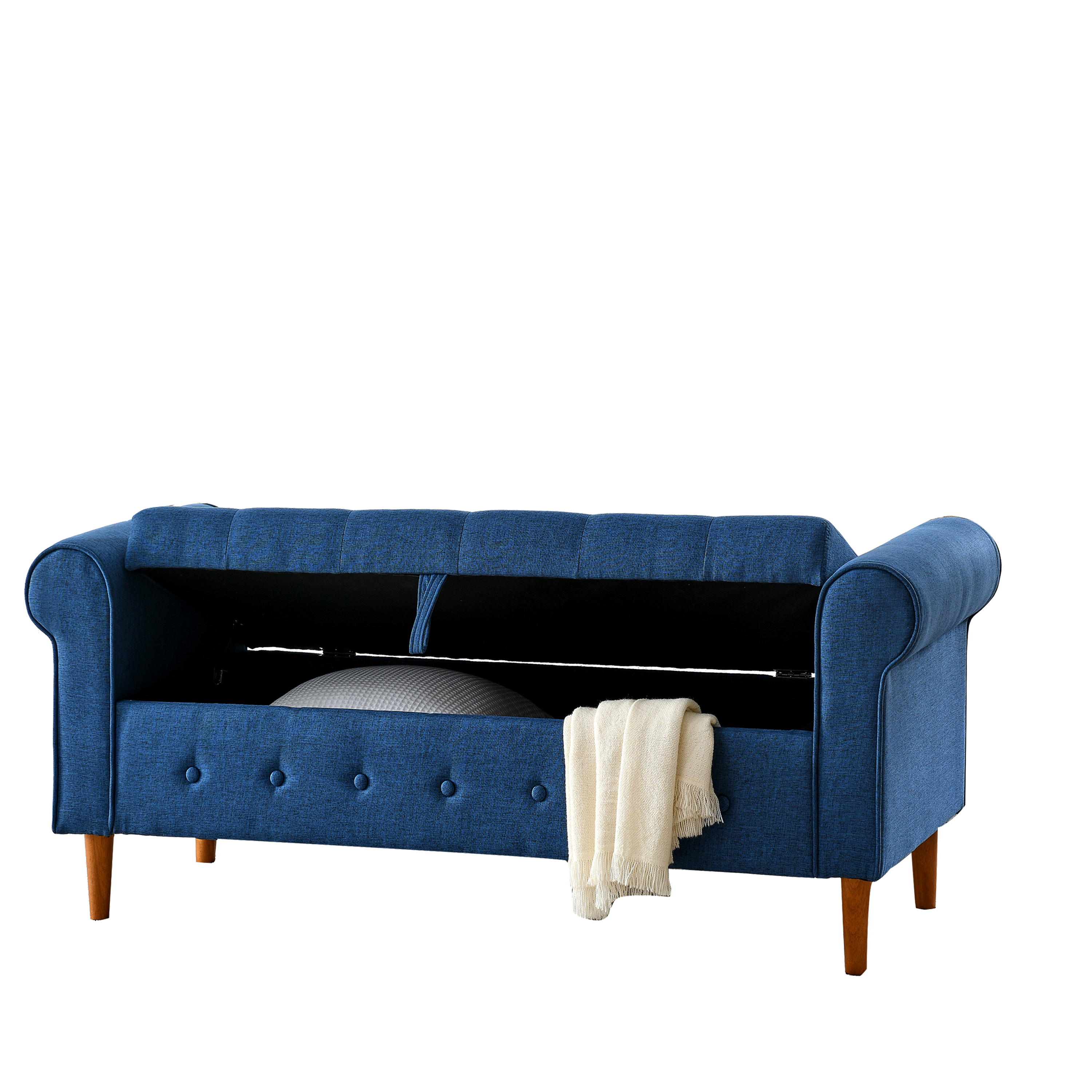 62" Bedroom Tufted Button Storage Bench, Modern Fabric Upholstered Ottoman, Window Bench, Rolled Arm Design for Bedroom, Living Room, Foyer (Blue)