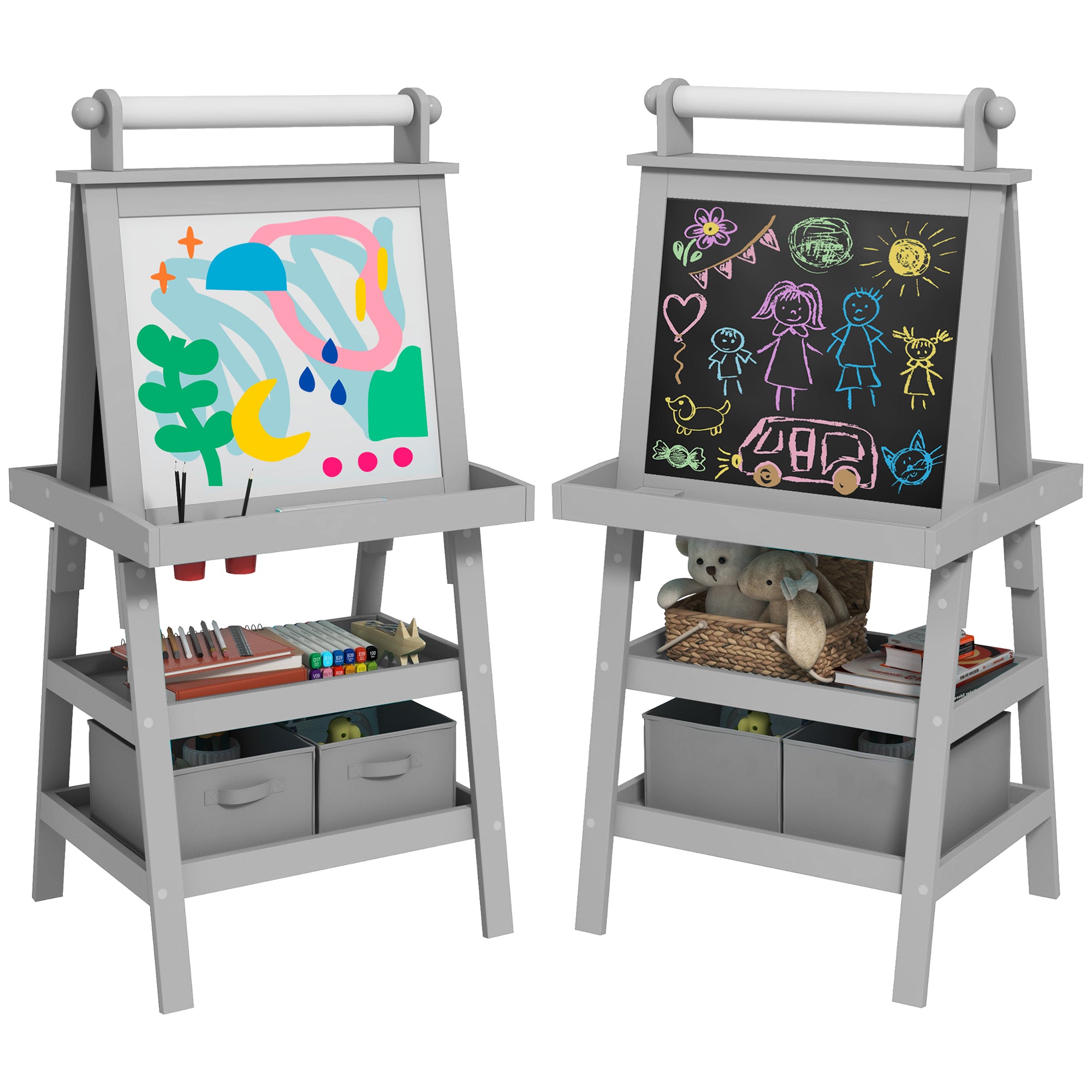 Qaba Double-Sided Kids Art Easel | Magnetic Whiteboard, Chalkboard & Paper Roll (Gray)