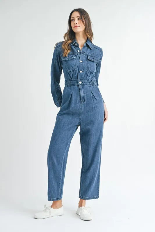 MABLE Cinched Waist Straight Leg Denim Jumpsuit