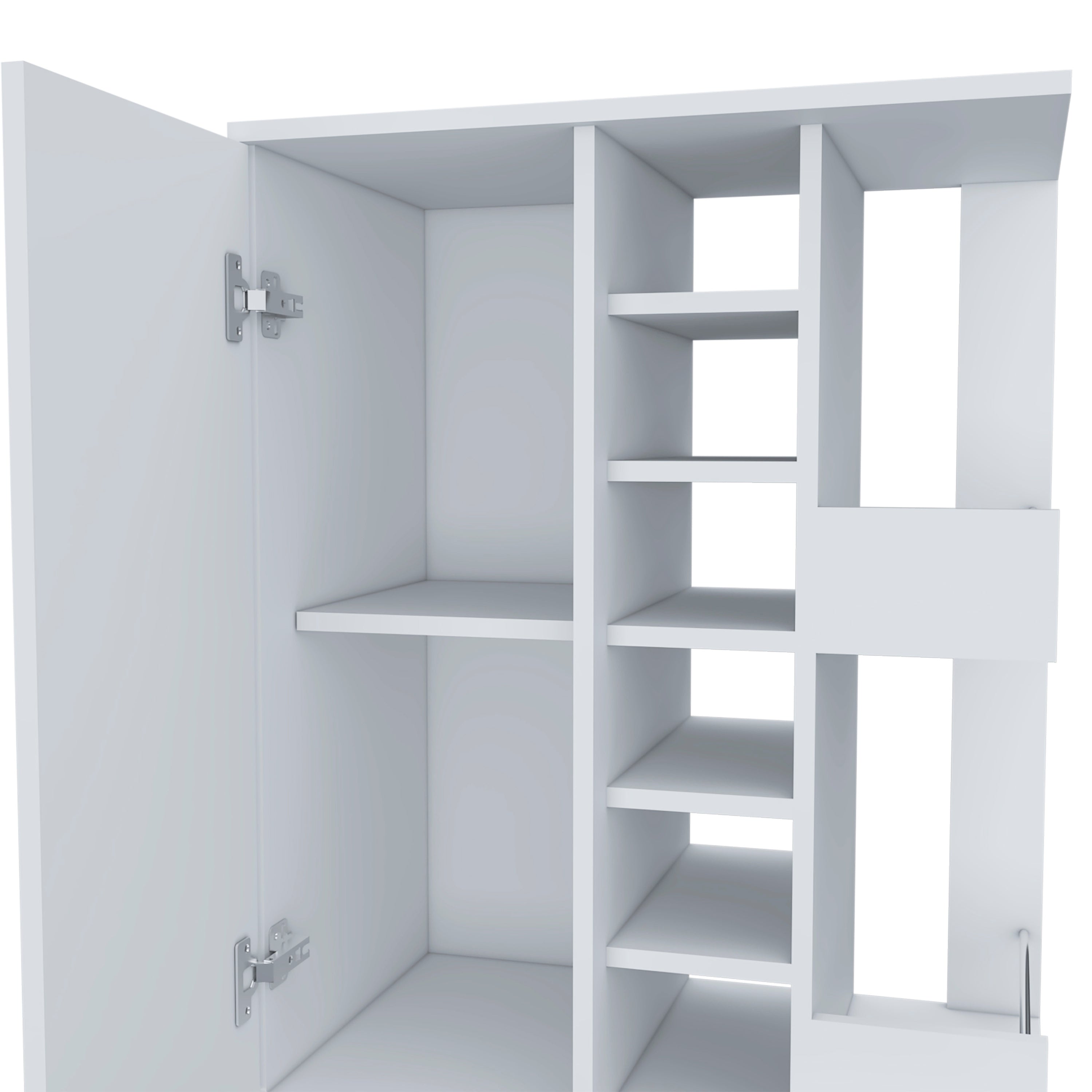 32" H White Bar-Coffee Cart with Cabinet Storage, 4 Wheels, Divided Shelf, Folding Door, and Bottle Holder – Stylish Mobile Storage for Home Bars or Coffee Stations